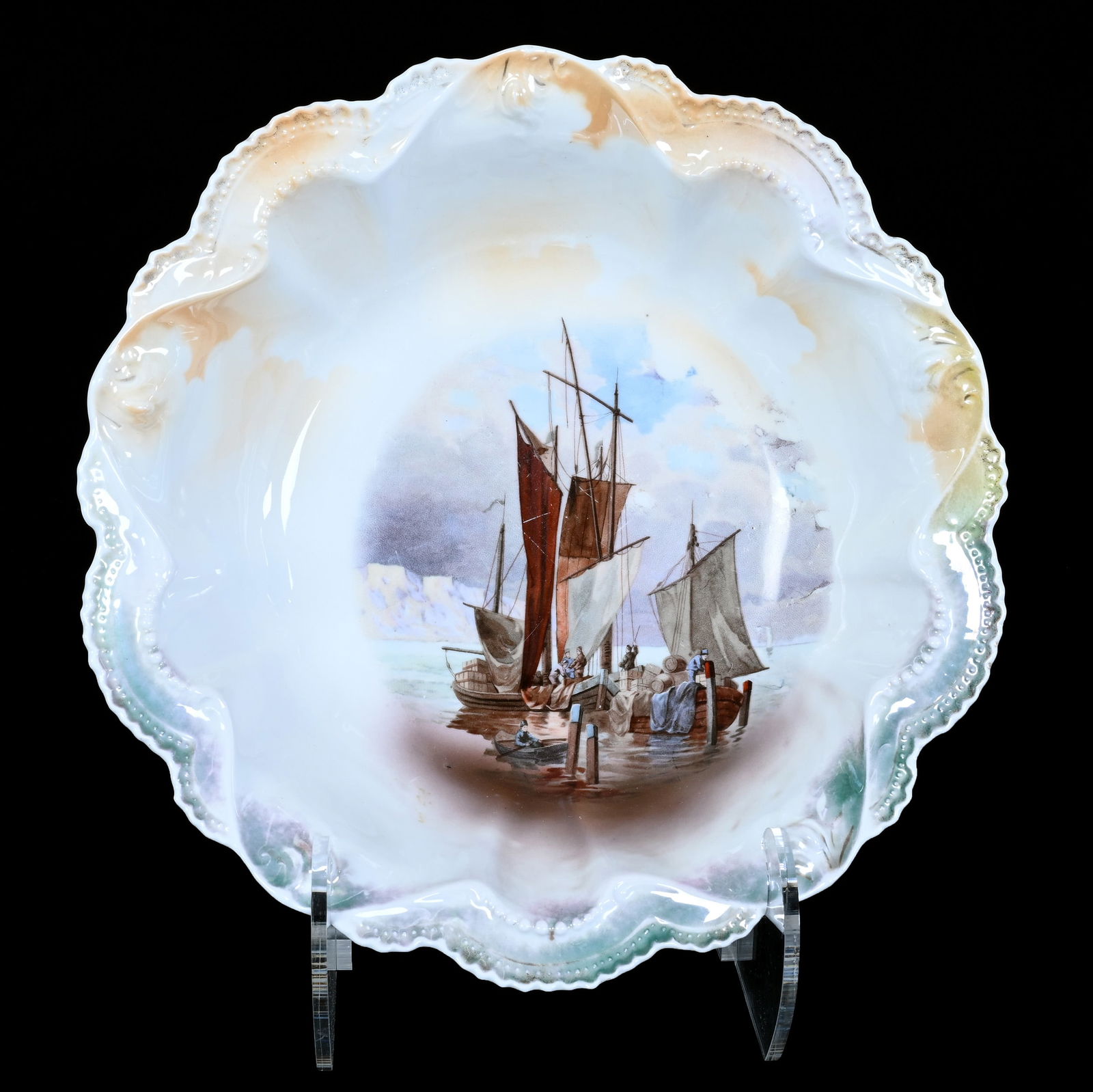 Bowl, Marked R.S. Prussia: Bowl, Marked R.S. Prussia, 10.75 x 10.75 x 3 Inches, Orange, White, And Green Luster Finish With Schooner Scenic Decor, 1.2 Pounds, Grady And Annette Hite Collection.