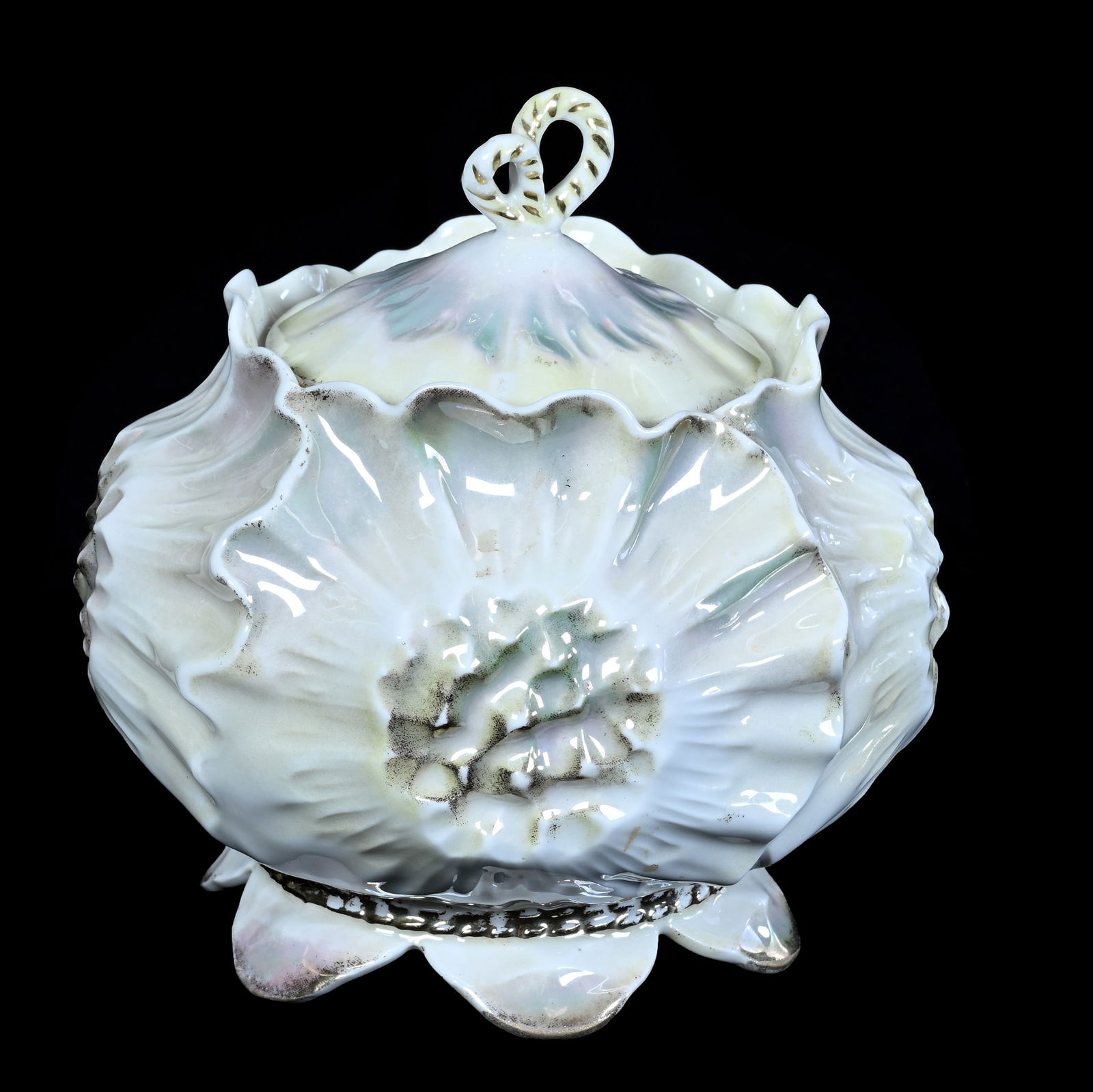 Biscuit Jar, Unmarked R.S. Prussia, Sunflower Mold: Biscuit Jar, Unmarked R.S. Prussia, Sunflower Mold, 6.5 x 6 x 6 Inches, White, Green, And Yellow Luster Finish, 1.2 Pounds, Grady And Annette Hite Collection.