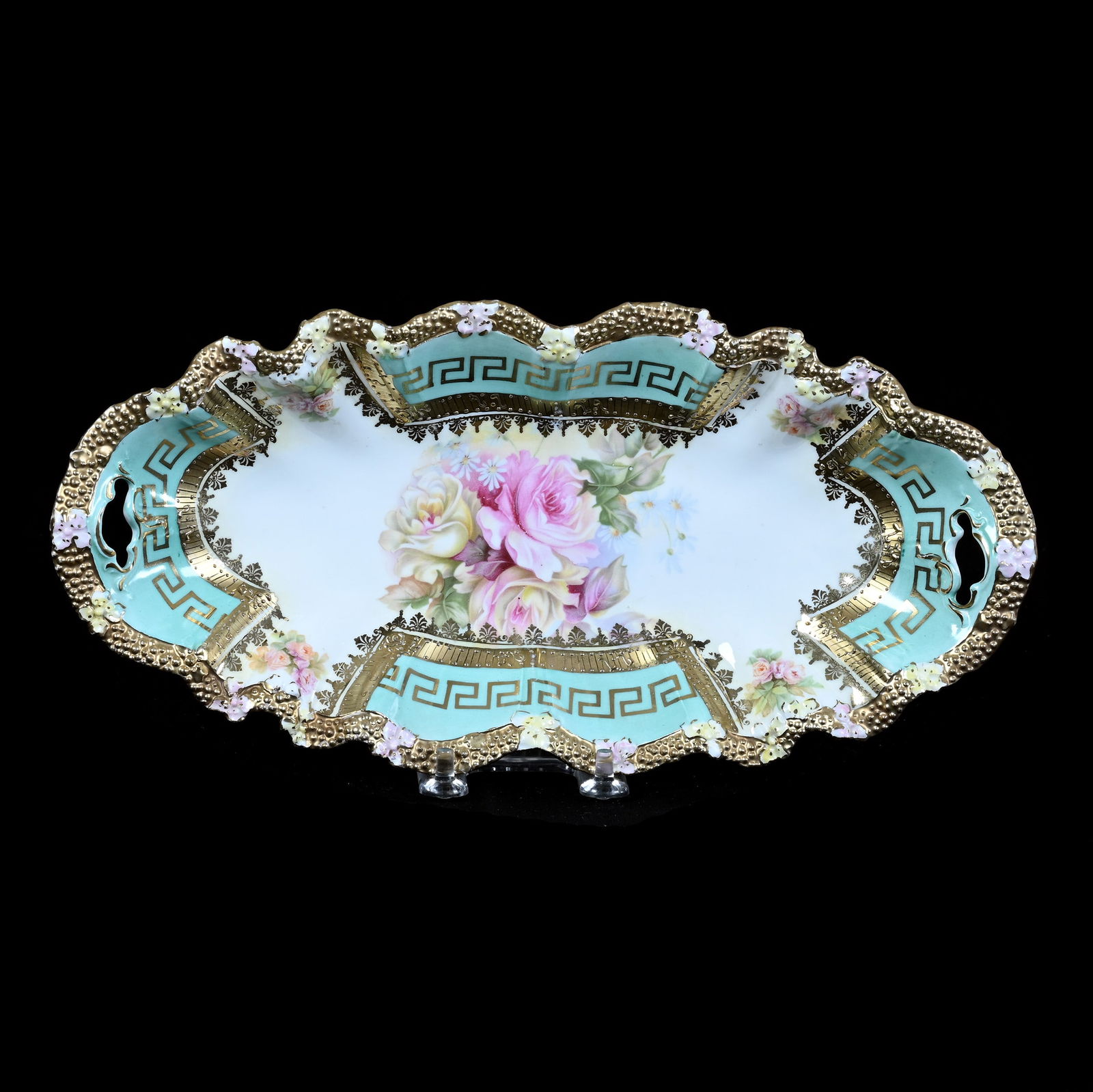 Celery Tray, Unmarked R.S. Prussia, Stipple Mold: Celery Tray, Unmarked R.S. Prussia, Stipple Mold, 12.25 x 6 x 1.5 Inches, White Center With Green Border, Heavy Gold Trim, Pink And Yellow Rose Decor, 0.7 Pounds, Grady And Annette Hite Collection.