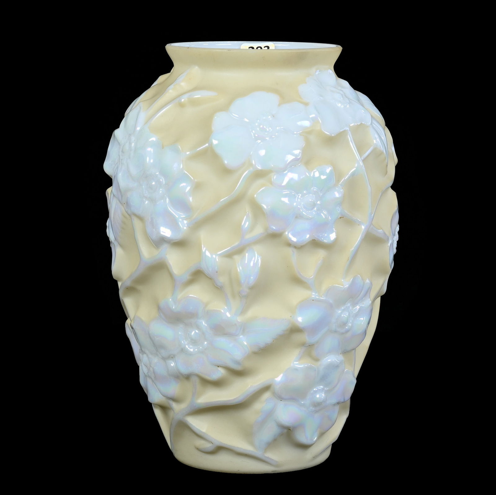 Vase, Phoenix Art Glass, Wild Rose Pattern: Vase, Phoenix Art Glass, Wild Rose Pattern, 10.5 x 7 x 7 Inches, Yellow Background With White Luster Floral Decor, 2.8 Pounds, Grady And Annette Hite Collection.