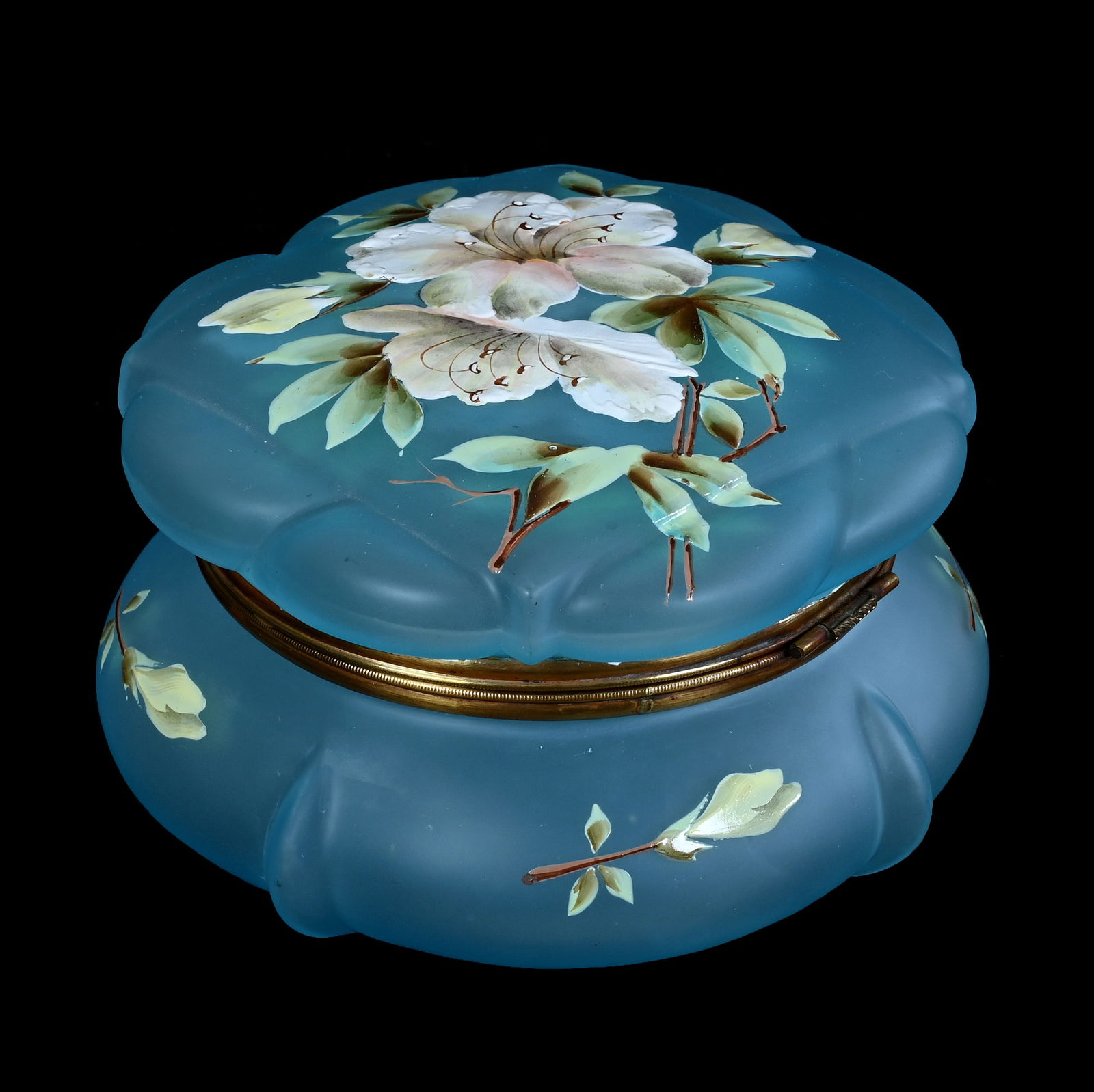 Jewel Box: Jewel Box, 3.75 x 5.75 x 5.75 Inches, Blue Frosted Art Glass With Heavy Enamel Floral Decor, 1 Pound, Grady And Annette Hite Collection.
