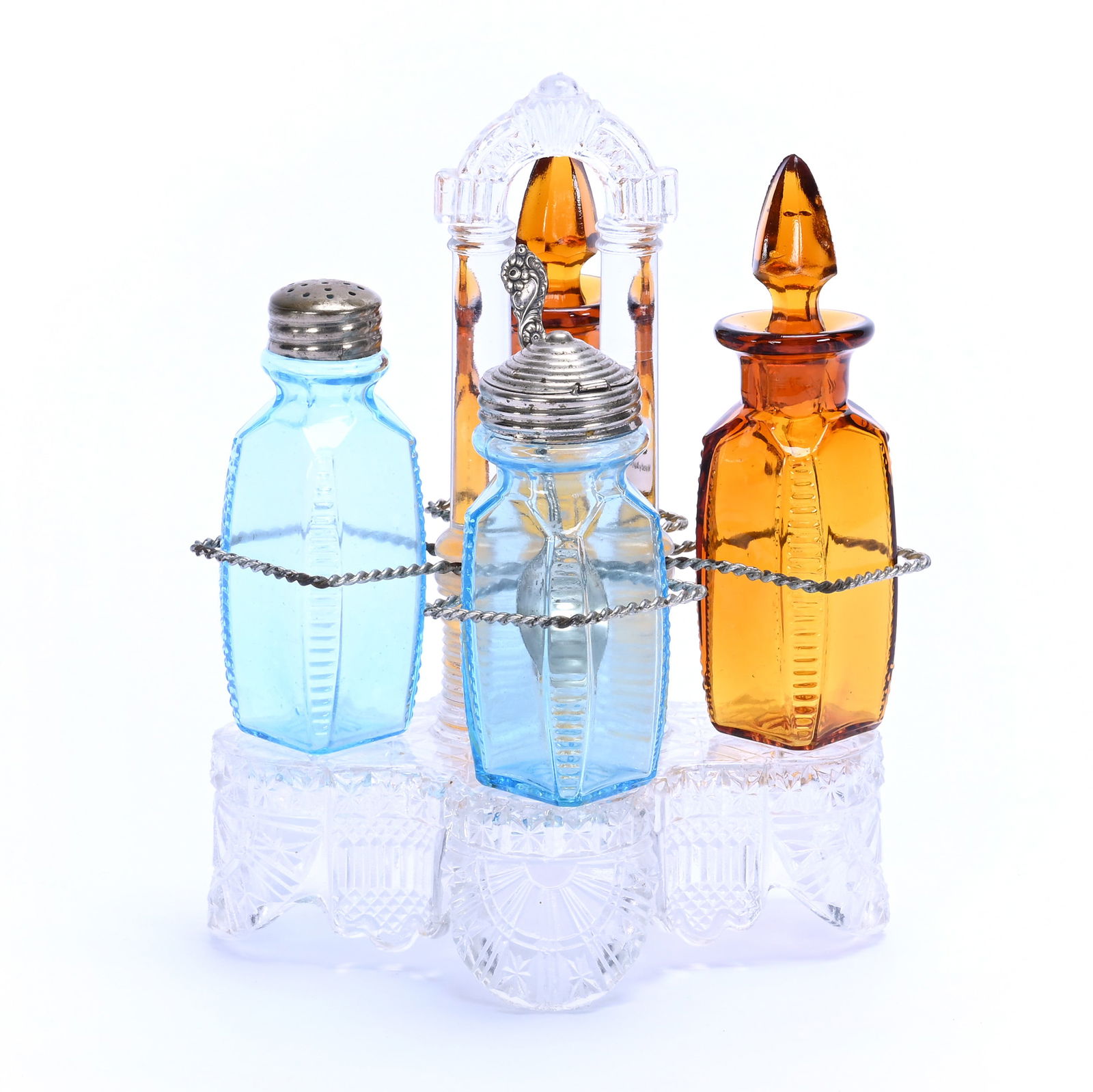 Condiment Set: Condiment Set, 8 x 6.25 x 4.5 Inches, Pattern Glass Featuring (2) Amber And (2) Blue Bottle Inserts Set On Clear Pattern Glass Base With Wire Frame Holder, 2.2 Pounds, Grady And Annette Hite