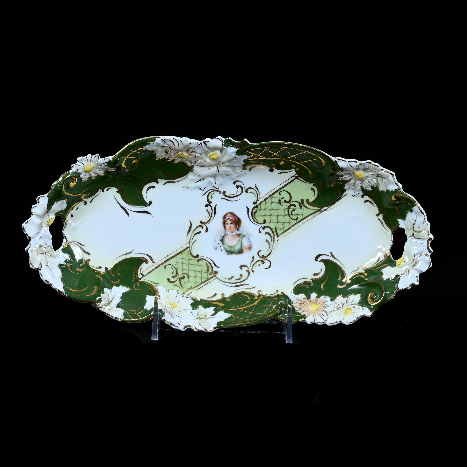 Celery Tray, Unmarked R.S. Prussia: Celery Tray, Unmarked R.S. Prussia, 11.5 x 5.5 x 1.5 Inches, Yellow And White With Green Border, Queen Louisa Portrait, Floral Mold, Gold Stencil Highlights, 0.7 Pounds, Grady And Annette Hite