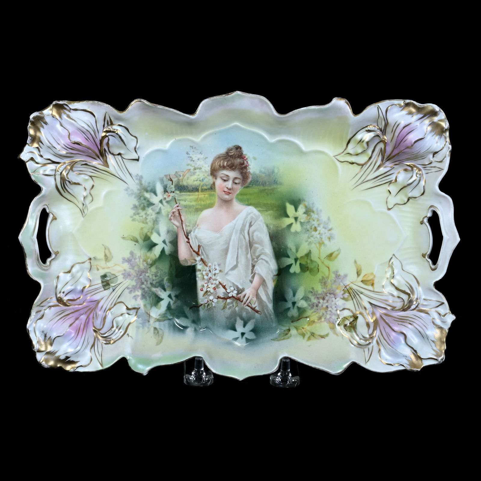 Dresser Tray, Marked R.S. Prussia, Iris Mold: Dresser Tray, Marked R.S. Prussia, Iris Mold, 11.25 x 7.5 x 1 Inches, Spring Season Portrait Decor, Green, Yellow, White, And Lavender Satin Finish, 1 Pound, Grady And Annette Hite Collection.