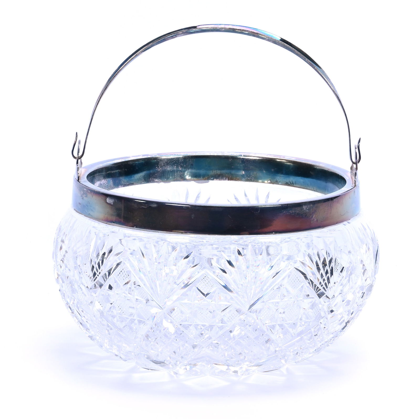 Ice Bucket, American Brilliant Cut Glass: Ice Bucket, American Brilliant Cut Glass, 7.25 x 7.25 x 4.75 Inches, Flashed Hobstar Center With Quartered Diamond, Square Hobstar, And Fan Motif, Silverplate Rim And Handle, Nice Quality, 3.6
