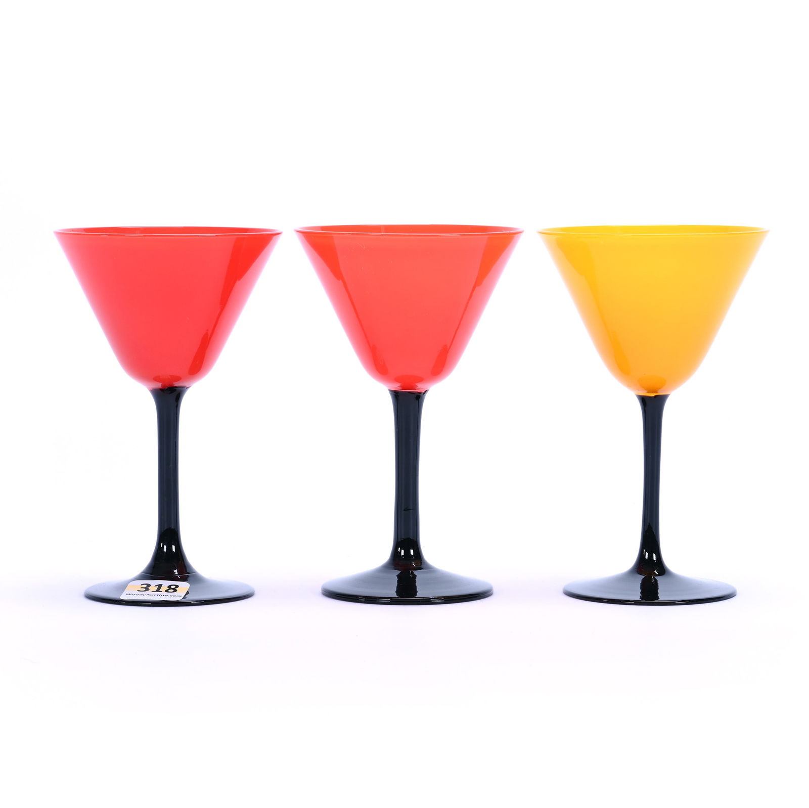(3) Martini Stems, Art Deco Art Glass: (3) Martini Stems, Art Deco Art Glass, 5 x 3.25 x 3.25 Inches, (2) Red Bowl With Black Stem, (1) Yellow Bowl With Black Stem, Unable To Confirm Maker, Appear To Be Czechoslovakian With Other Sources