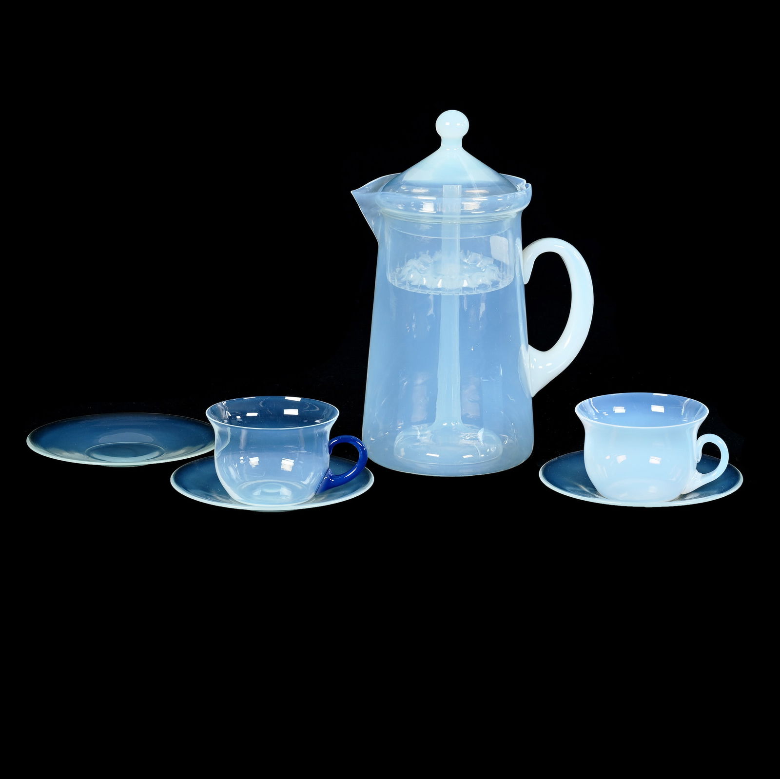 (3) Pearl Opalescent Art Glass Items By Fry: (3) Pearl Opalescent Art Glass Items By Fry, (1) 10" x 6.75" x 4.5" Pitcher With Original Strainer And Stand, Sells With (2) Punch Cups And (3) Saucers, 2.4 Pounds, Grady And Annette Hite Collection.