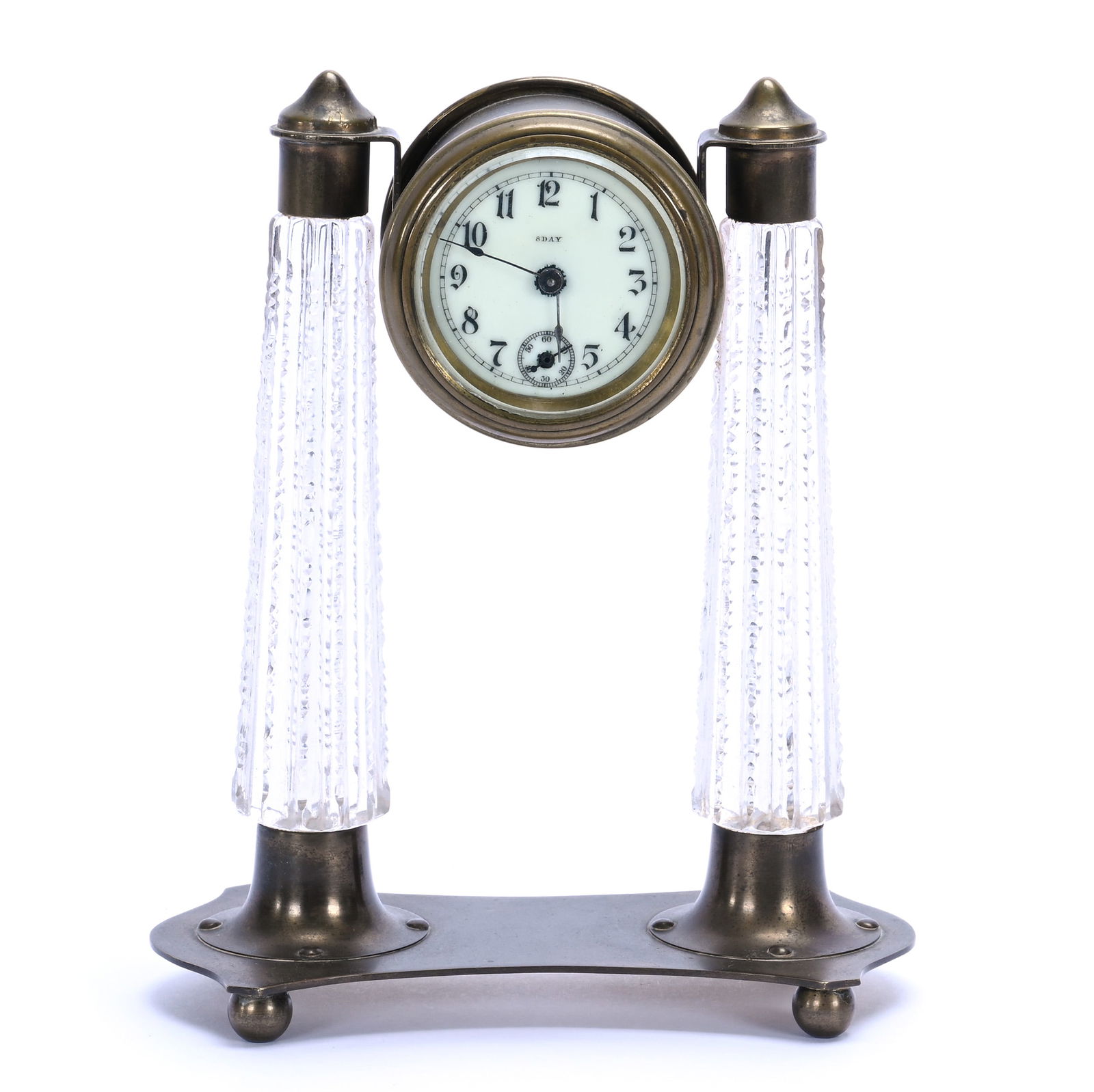 Desk Clock, Unmarked C.F. Monroe: Desk Clock, Unmarked C.F. Monroe, 7.25 x 6 x 3 Inches, American Brilliant Cut Glass, Pillars With Prism Design, Brass Fittings, Porcelain Clock Face, Nice Example, 1.8 Pounds, Grady And Annette Hite C