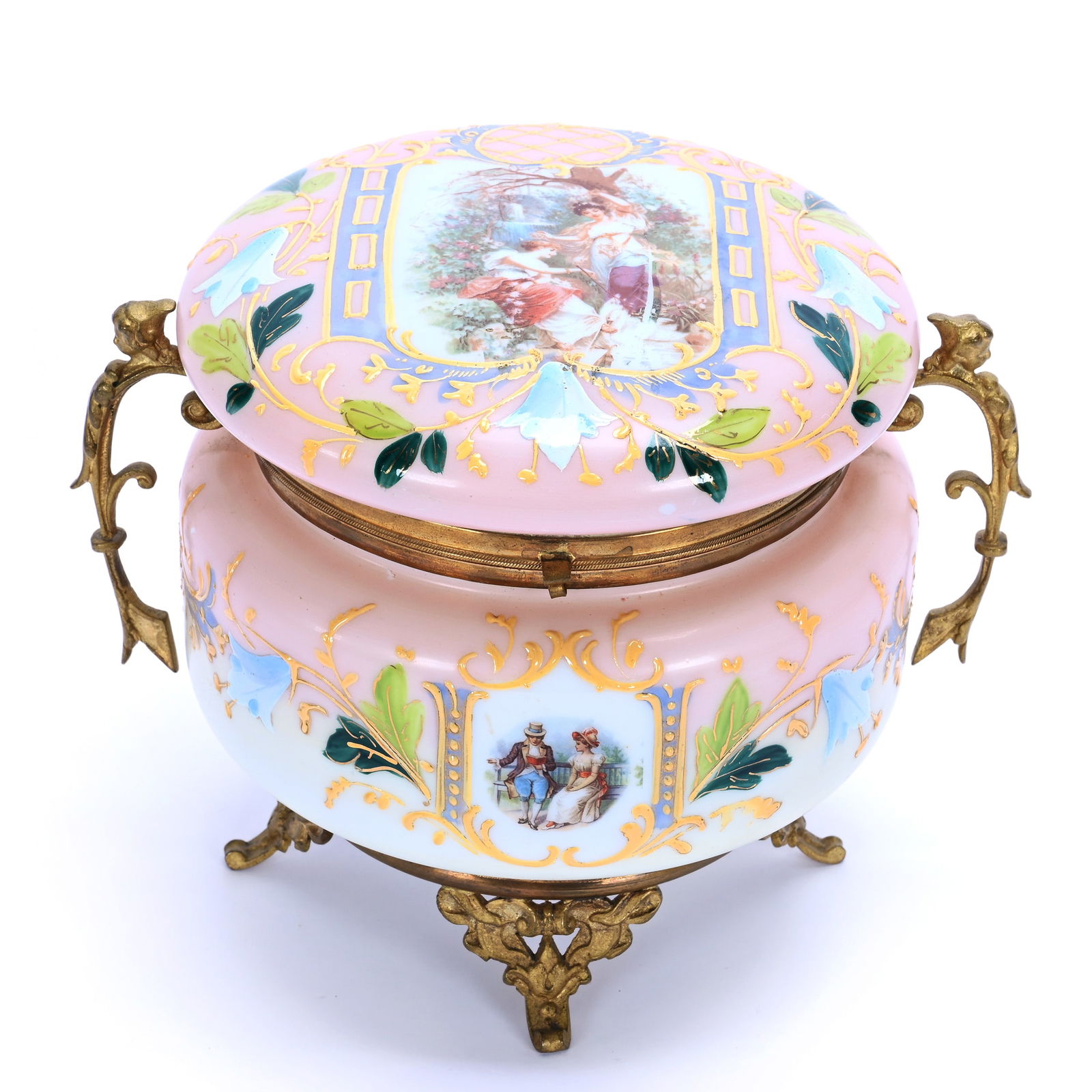 Jewel Box, Opalware Art Glass: Jewel Box, Opalware Art Glass, 5.75 x 7 x 6 Inches, Pink Shading To Yellow With Scene Of Women In Garden, Enamel Floral Highlights, Gilt Metal Fittings, 1.6 Pounds, Grady And Annette Hite Collection.