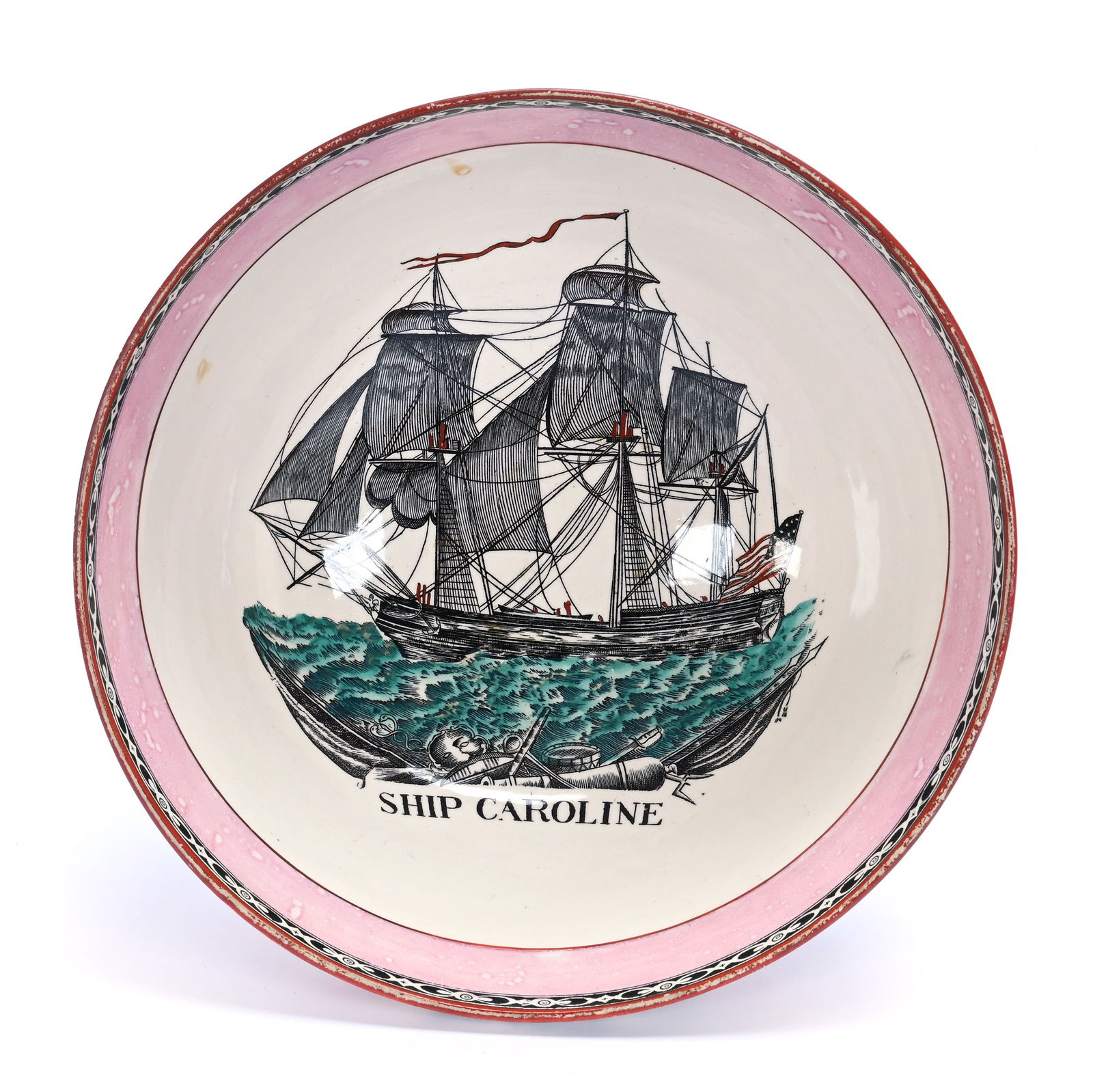 Large Bowl, Unmarked Adams Pottery, England, Titled "Ship Caroline",: Large Bowl, Unmarked Adams Pottery, England, Titled "Ship Caroline", 10 x 10 x 4.75 Inches, Black Transfers Of Sailing Ship, Seal Of The United States, Banners That Read "The Shipwrights Arms" And