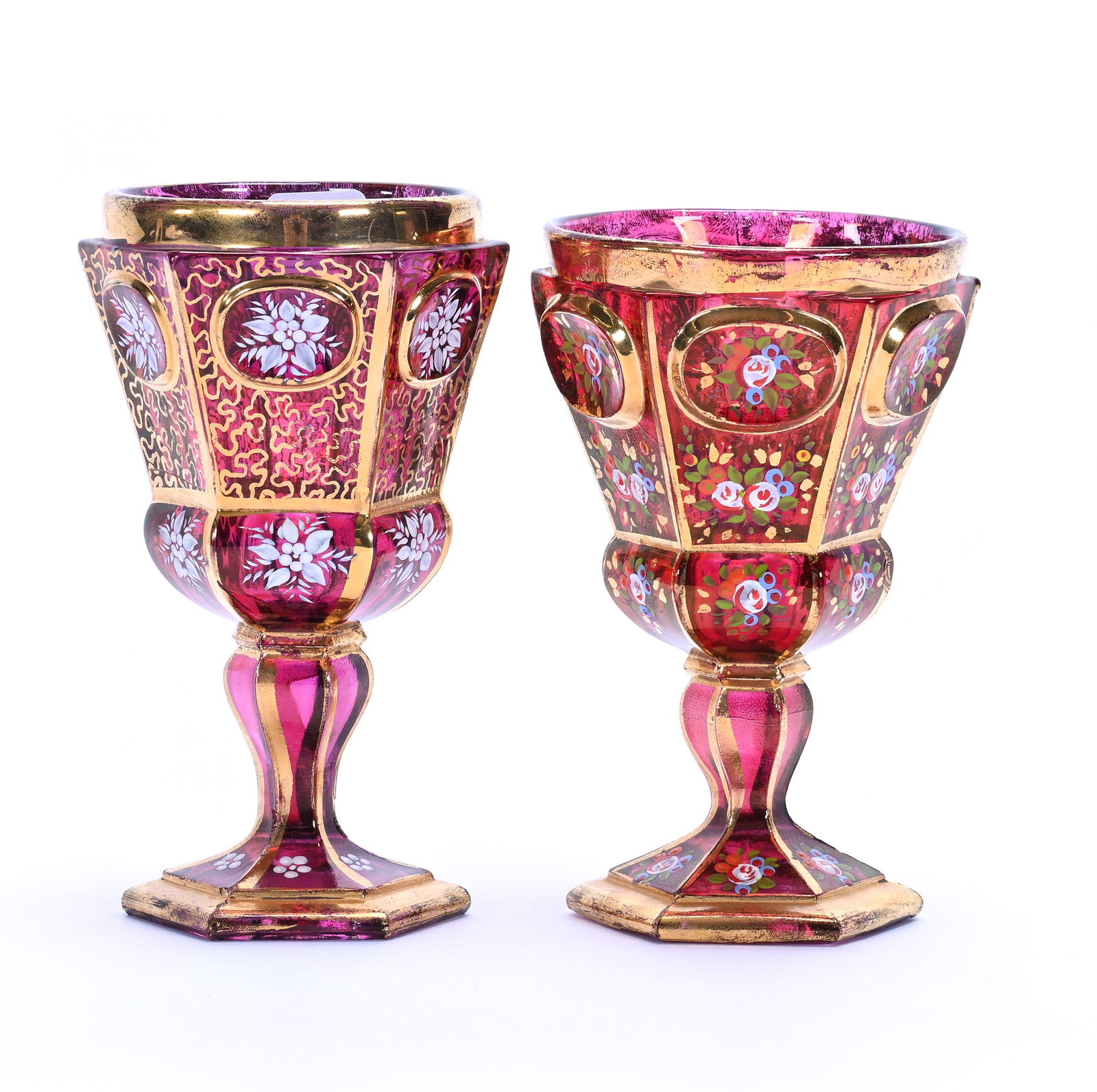 (2) Stems, Russian Ruby Flash Goblets: (2) Stems, Russian Ruby Flash Goblets, 6 x 3.5 x 3.5 Inches, Six-Sided With Enamel Floral Decor, One Stem Has Russian Eagle Crest Mark, Other Unmarked, Slight Size Variations, 1.5 Pounds, Grady And