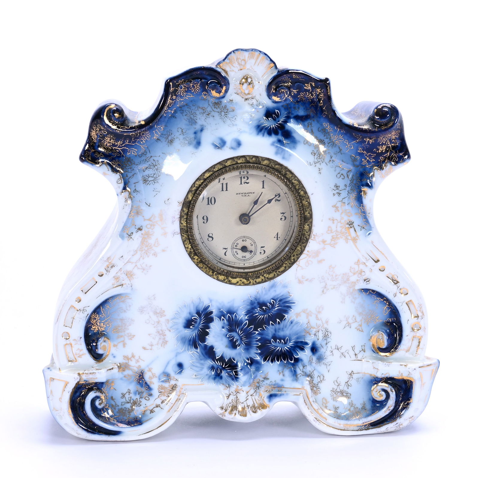 Desk Clock, Unmarked R.S. Prussia: Desk Clock, Unmarked R.S. Prussia, 7.5 x 7.5 x 2.5 Inches, Cobalt Blue And White With Floral Decor, Gold Stencil Highlights, New Haven Clock Works, 1.9 Pounds, Grady And Annette Hite Collection.