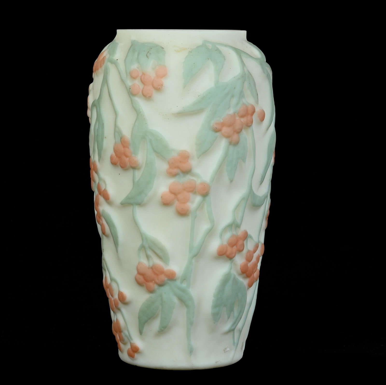 Vase, Bittersweet Pattern By Consolidated Art Glass: Vase, Bittersweet Pattern By Consolidated Art Glass, 9.5 x 5.25 x 5.25 Inches, Custard Background With Green And Pink Highlights, 2.7 Pounds, Grady And Annette Hite Collection.