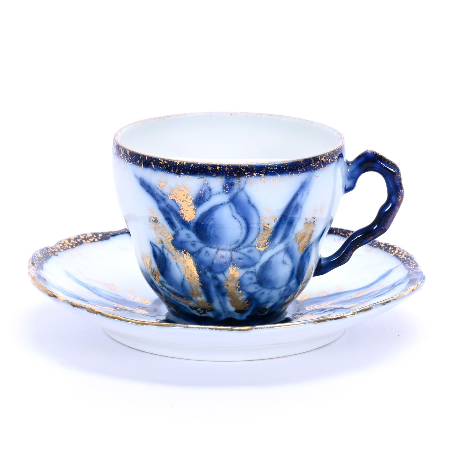 Child Sized Mustache Cup And Saucer: Child Sized Mustache Cup And Saucer, 1.75 x 3.5 x 3.5 Inches, Unmarked R.S. Prussia Style, White With Cobalt Blue Trim And Tulip Decor, Gold Stencil Highlights, Extremely Rare Form, 0.2 Pounds, Grady