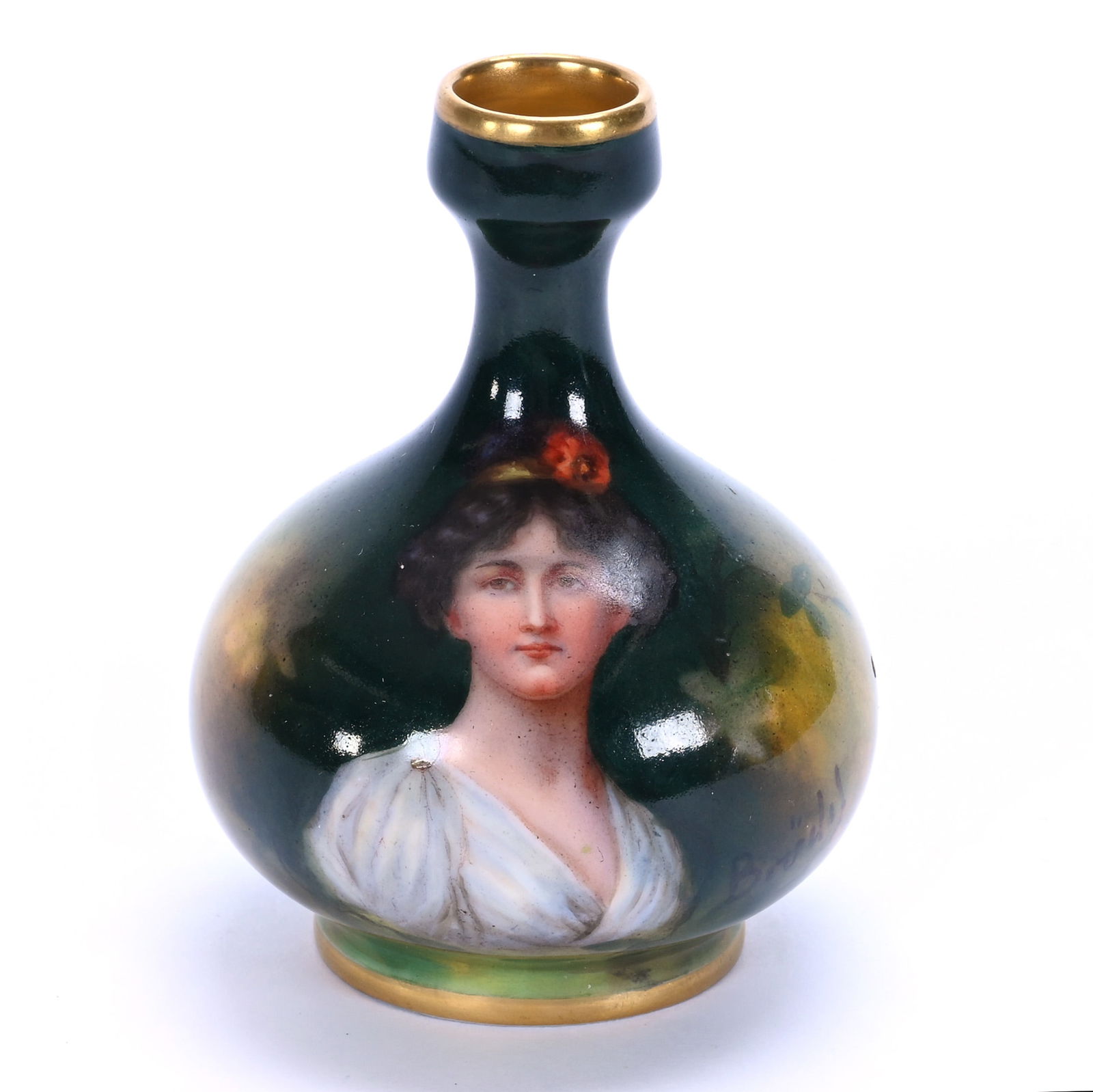 Vase, Marked Germany (Bonn Style): Vase, Marked Germany (Bonn Style), 3.5 x 2.75 x 2.75 Inches, Green And Yellow Tones With Portrait Of Young Woman, Artist Signed, 0.1 Pound, Grady And Annette Hite Collection.