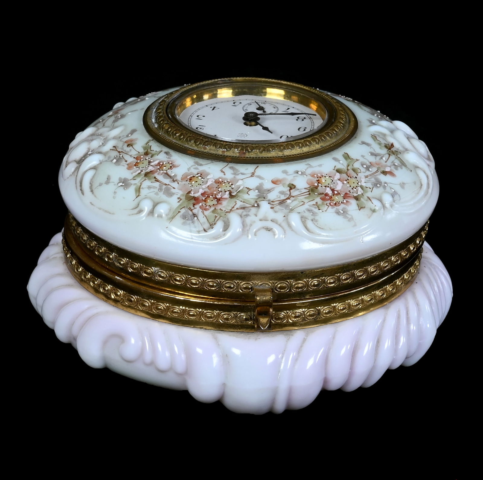 Jewel Box, Wave Crest Banner Mark: Jewel Box, Wave Crest Banner Mark, 3 x 5 x 5 Inches, Puff And Scroll Mold, Pink And White Tones With Floral Decor, Original Clock Inset Lid, Original Lining, 1.4 Pounds, Grady And Annette Hite Collect