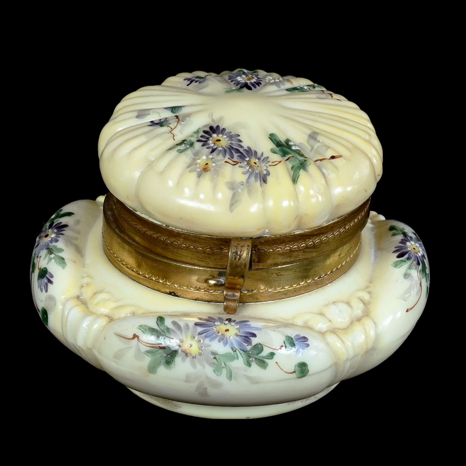 Jewel Box, Unmarked Opalware Art Glass: Jewel Box, Unmarked Opalware Art Glass, 3.25 x 4.5 x 4.5 Inches, Yellow With Blue Floral Decor, Unique Mold, Original Lining, 0.7 Pounds, Grady And Annette Hite Collection.