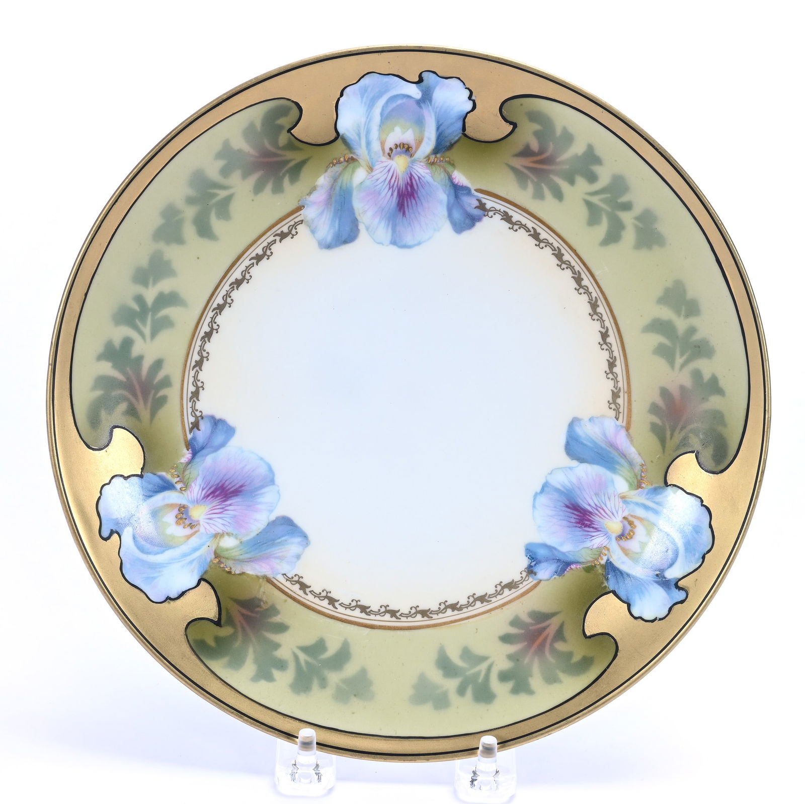 Plate Marked R.S. Prussia, Cream Center, Green Border, Blue Iris Decor, Heavy Gold Trim: Plate Marked R.S. Prussia, Cream Center, Green Border, Blue Iris Decor, Heavy Gold Trim, 8.75 x 8.75 x 1 Inches, 0.7 Pounds, Grady And Annette Hite Collection.