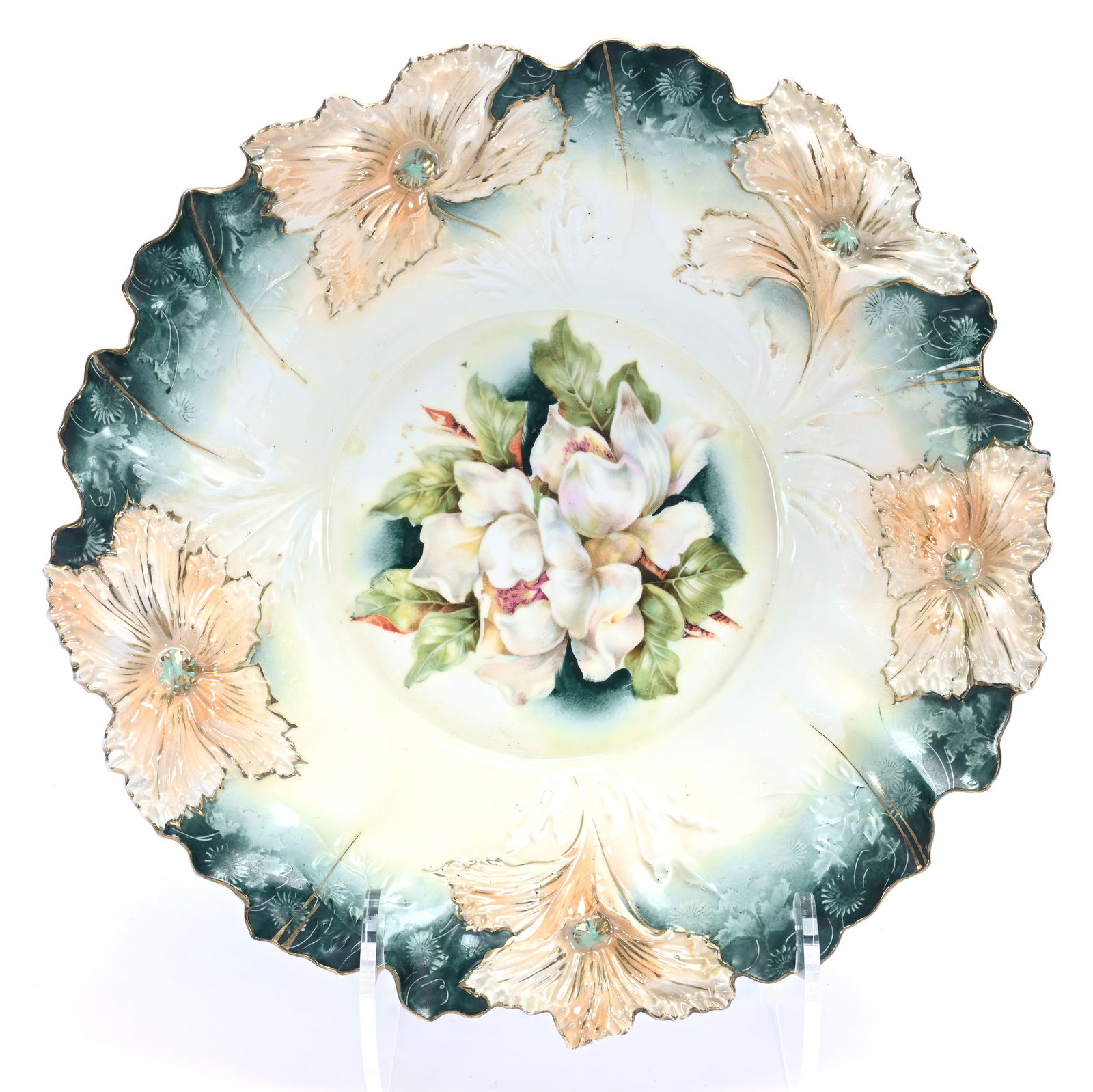 Bowl Marked R.S. Prussia, Carnation Mold: Bowl Marked R.S. Prussia, Carnation Mold, 11.75 x 11.75 x 3 Inches, White, Green And Orange Tones, Magnolia Decor, 1.4 Pounds, Grady And Annette Hite Collection.