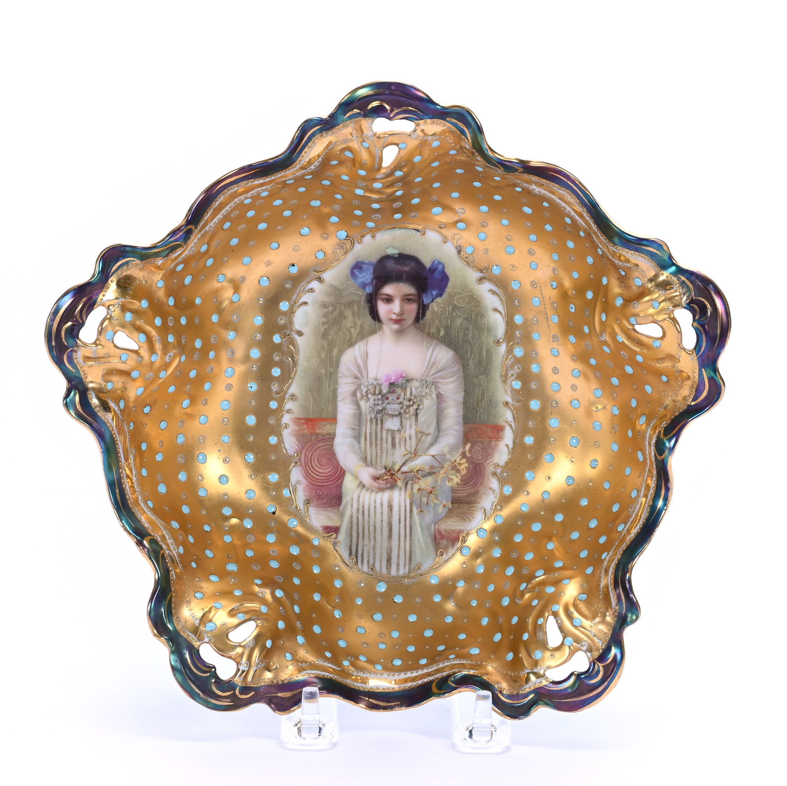 Bowl Marked Prov Saxe, Medallion Scene Featuring Seated Oriental Woman: Bowl Marked Prov Saxe, Medallion Scene Featuring Seated Oriental Woman, 2.5 x 8.5 x 8.5 Inches, Heavy Gold With Blue Enamel Beaded Tapestry, Iridescent Tiffany Trim, 0.7 Pounds, Grady And Annette Hite