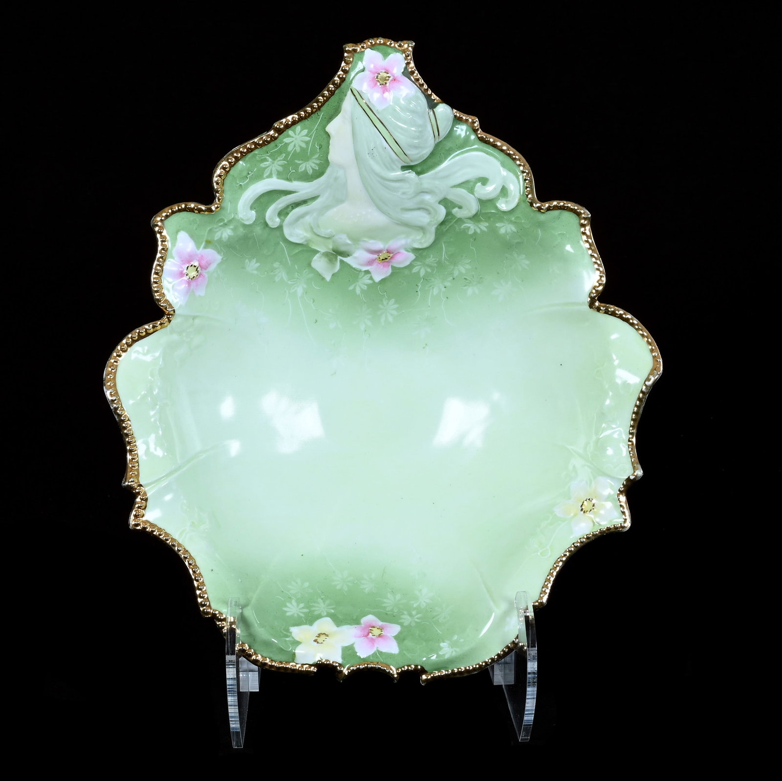 Bowl, Tear Drop Shape, Unmarked R.S. Prussia, Hidden Image Mold: Bowl, Tear Drop Shape, Unmarked R.S. Prussia, Hidden Image Mold, 11.5 x 10 x 4 Inches, Green Tones, Gold Trim, 1.7 Pounds, Grady And Annette Hite Collection.