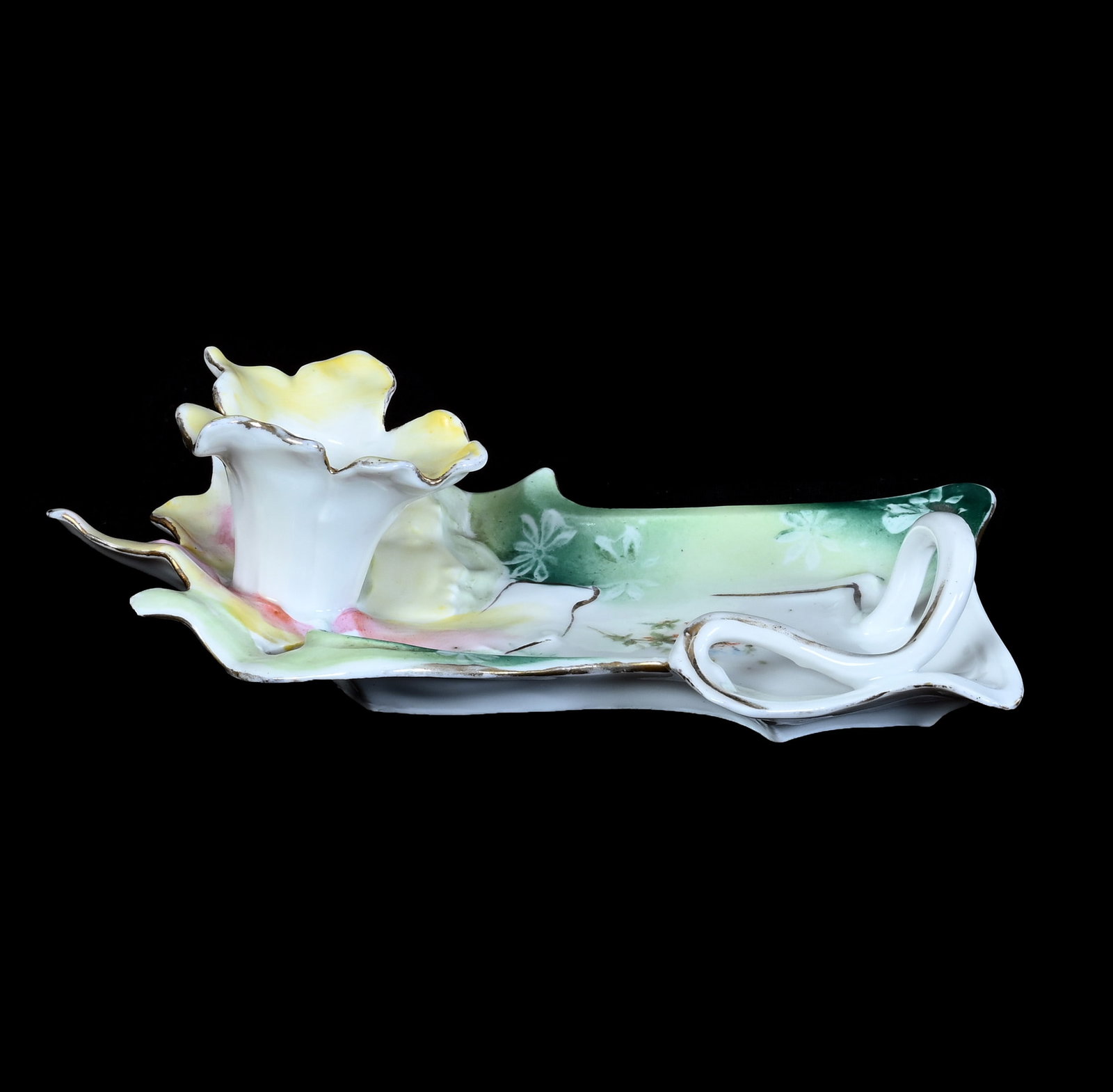 Chamber Stick, Unmarked R.S. Prussia Hidden Image Mold: Chamber Stick, Unmarked R.S. Prussia Hidden Image Mold, 6.25 x 3.5 x 2 Inches, Green, Yellow And Pink Tones, Floral Decor, 0.2 Pounds, Grady And Annette Hite Collection.