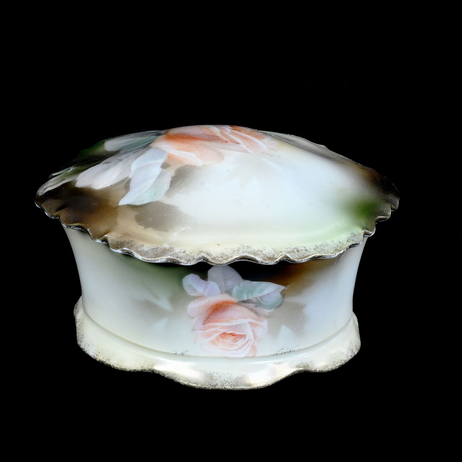 Powder Box Marked R.S. Prussia: Powder Box Marked R.S. Prussia, 2.5 x 4.5 x 4.5 Inches, Green, Yellow And Brown Tones, Rose Decor, 0.3 Pounds, Grady And Annette Hite Collection.