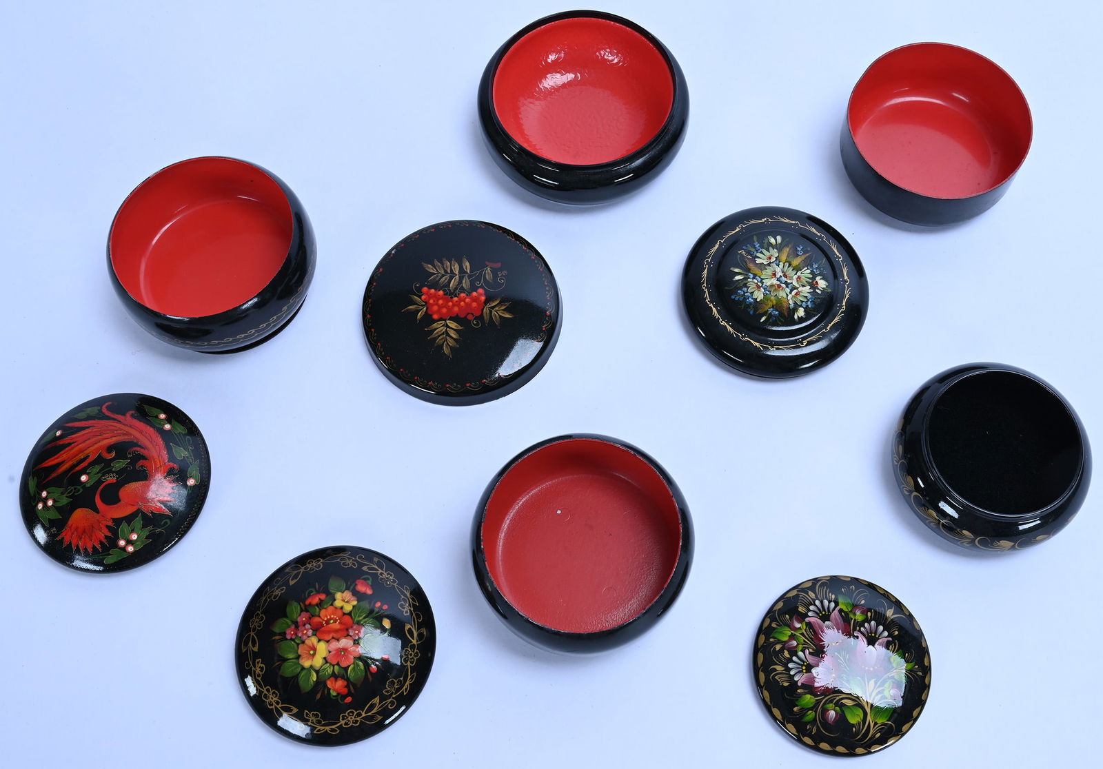 (5) Round Russian Lacquer Covered Boxes - 2