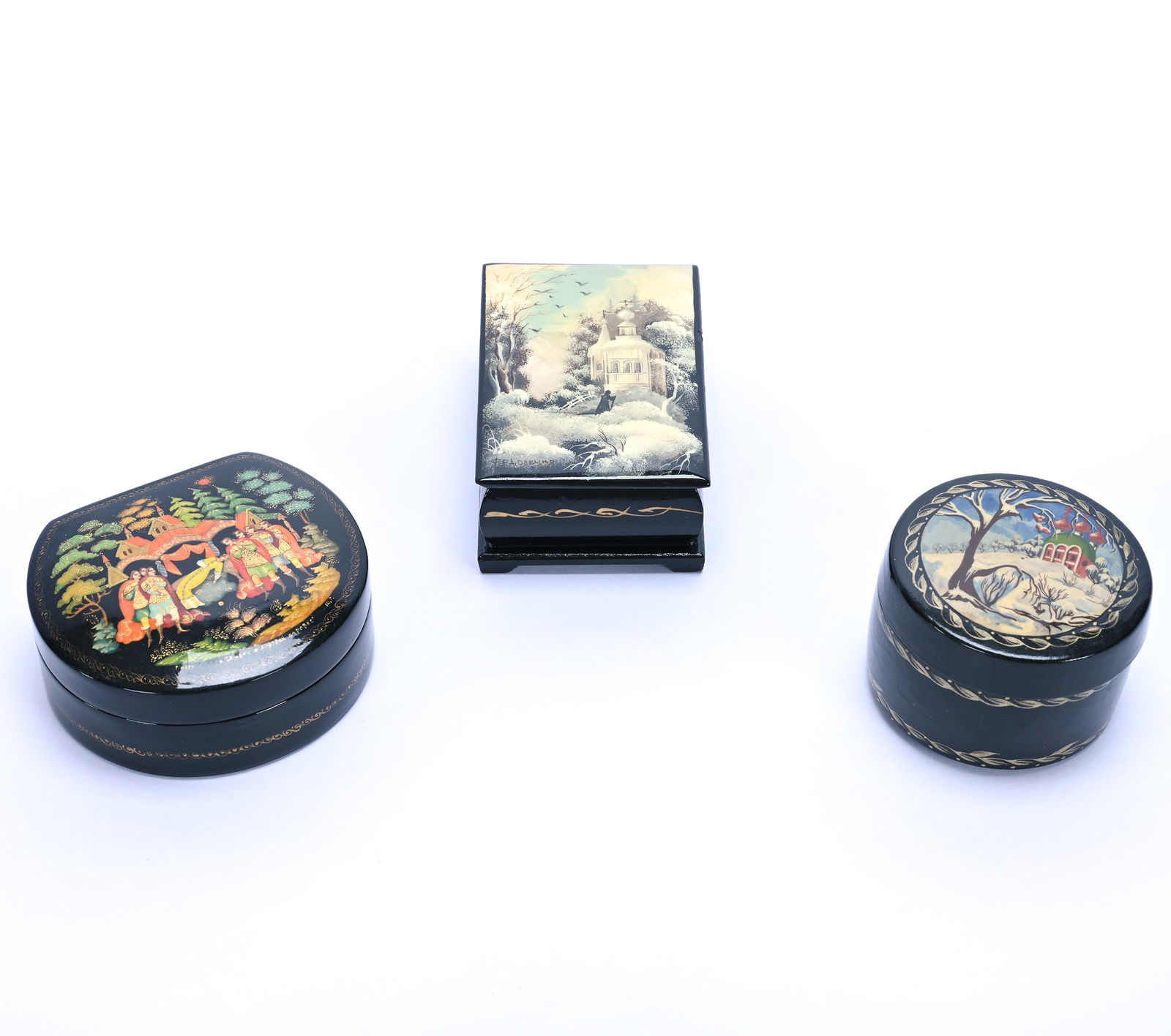 (3) Russian Lacquer Boxes: (3) Russian Lacquer Boxes, (1) 3.5" x 2.25" x 1.25" Church & Snowy Scene, Artist Signed, (1) 3.5" x 3" x 1.25", Clam Shape Hinged Box, Pushkin Fairy Tale, Artist Signed, (1) 2.5" x 2.5" x 1.75",