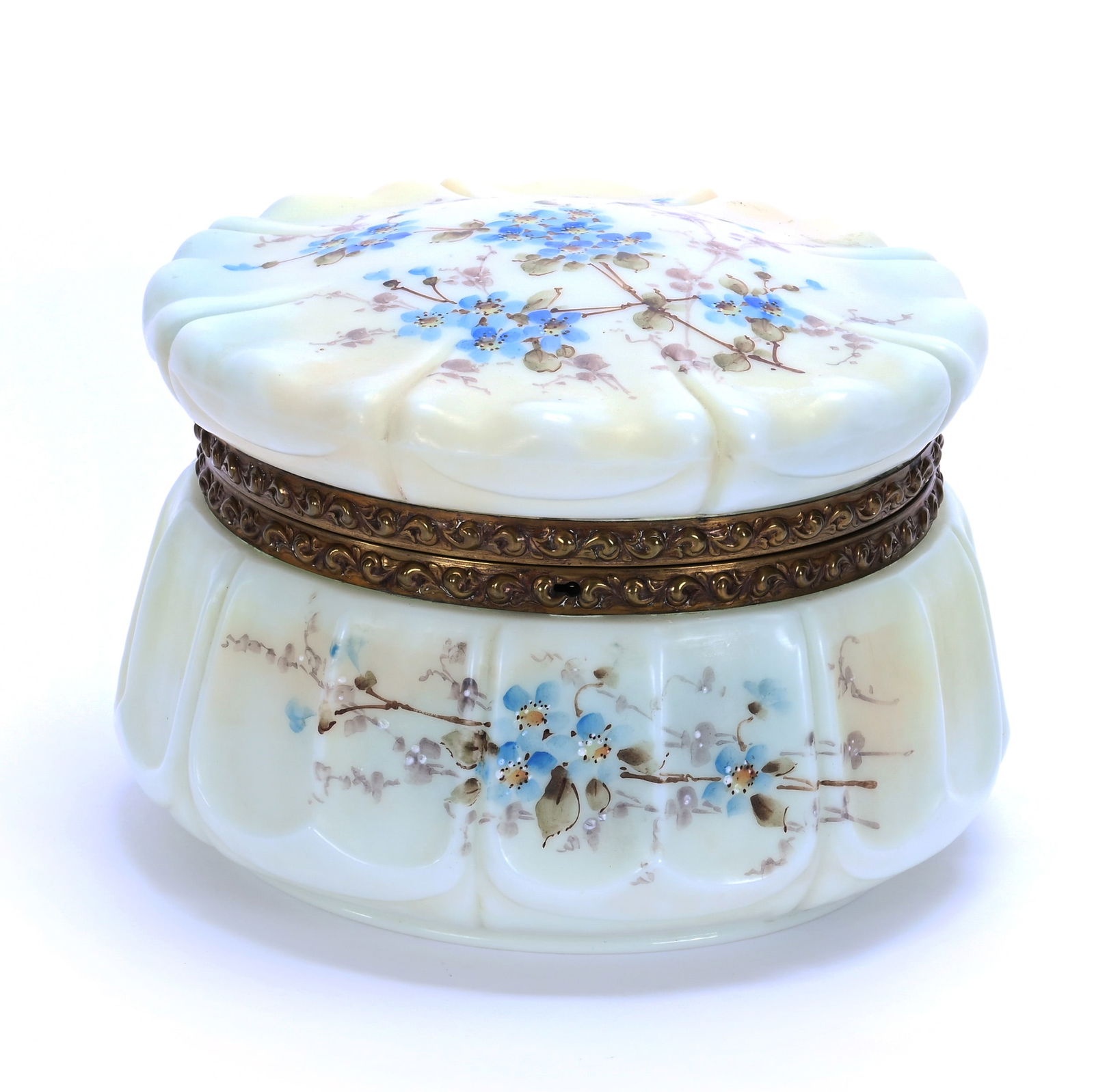 Dresser Box, Wave Crest Stamp Mark: Dresser Box, Wave Crest Stamp Mark, 5.5 x 7.75 x 7.75 Inches, Crown Mold, Yellow, Blue And White Tones, Blue Floral Decor, Locks, Key Included, 3.2 Pounds, Grady And Annette Hite Collection.