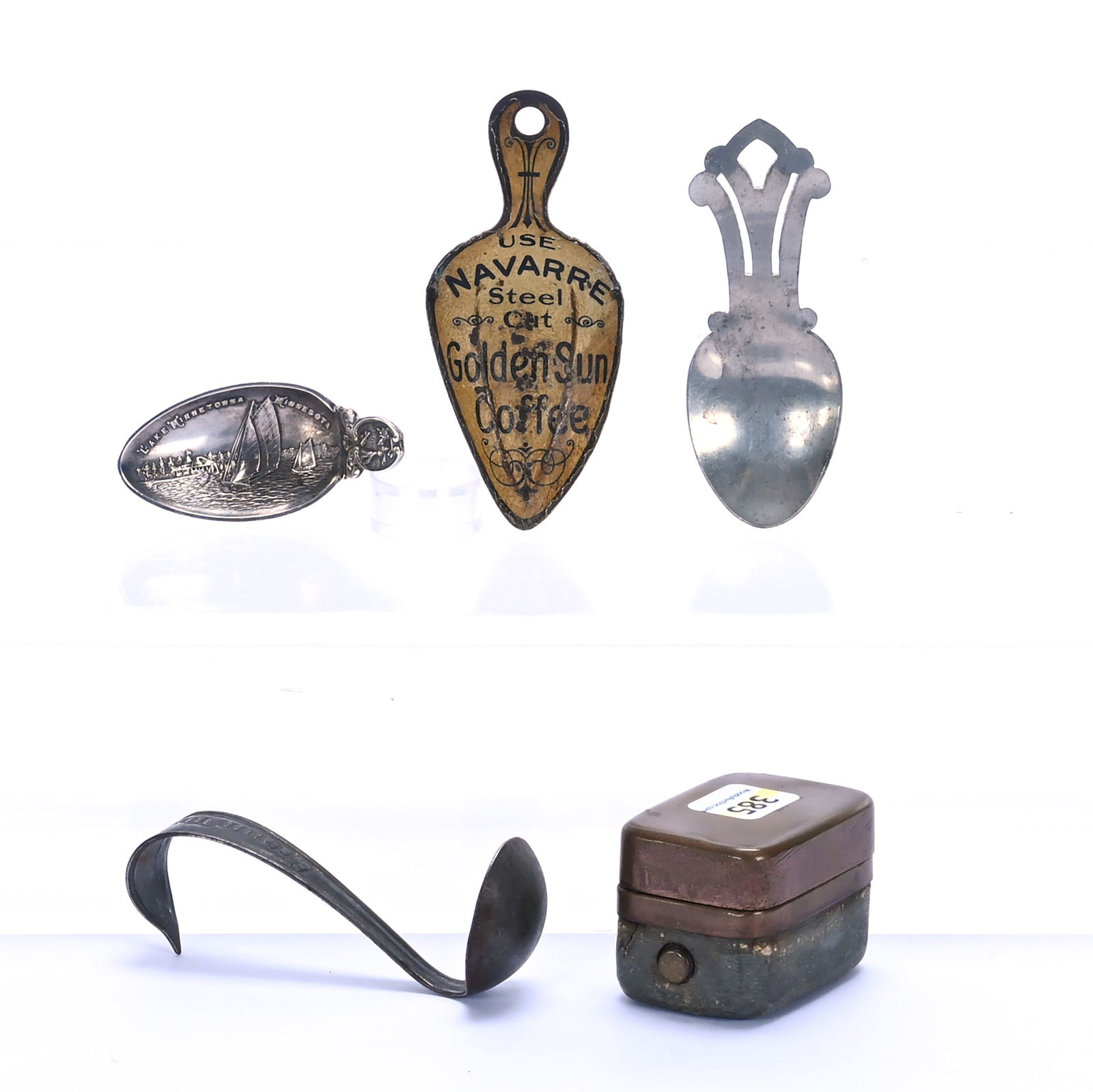 (4) Spoons & (1) Inkwell: (4) Spoons & (1) Inkwell (1) 3.5" Metal Ladle Marked Cream Pot, Patent 1925, (1) 3.75" Tin Advertising Coffee Scoop, Navarre Golden Sun Coffee, (1) 3.75" Aluminum Spoon, (1) 2.5" Sterling Souvenir