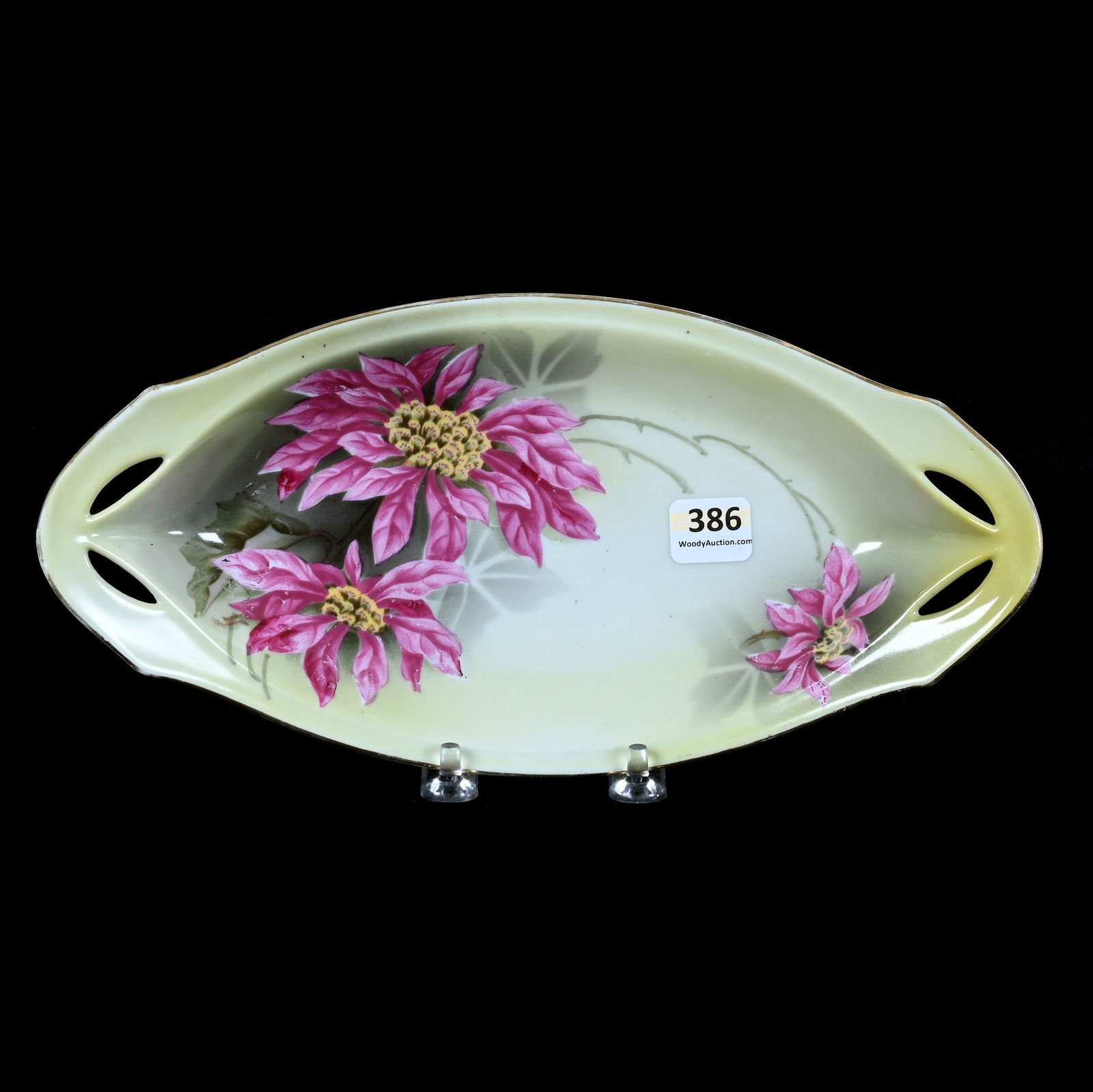 Relish Tray Marked R.S. Germany: Relish Tray Marked R.S. Germany, 10.5 x 5 x 1.75 Inches, Green Tones, Pink Poinsettia Decor, 0.5 Pounds, Grady And Annette Hite Collection.