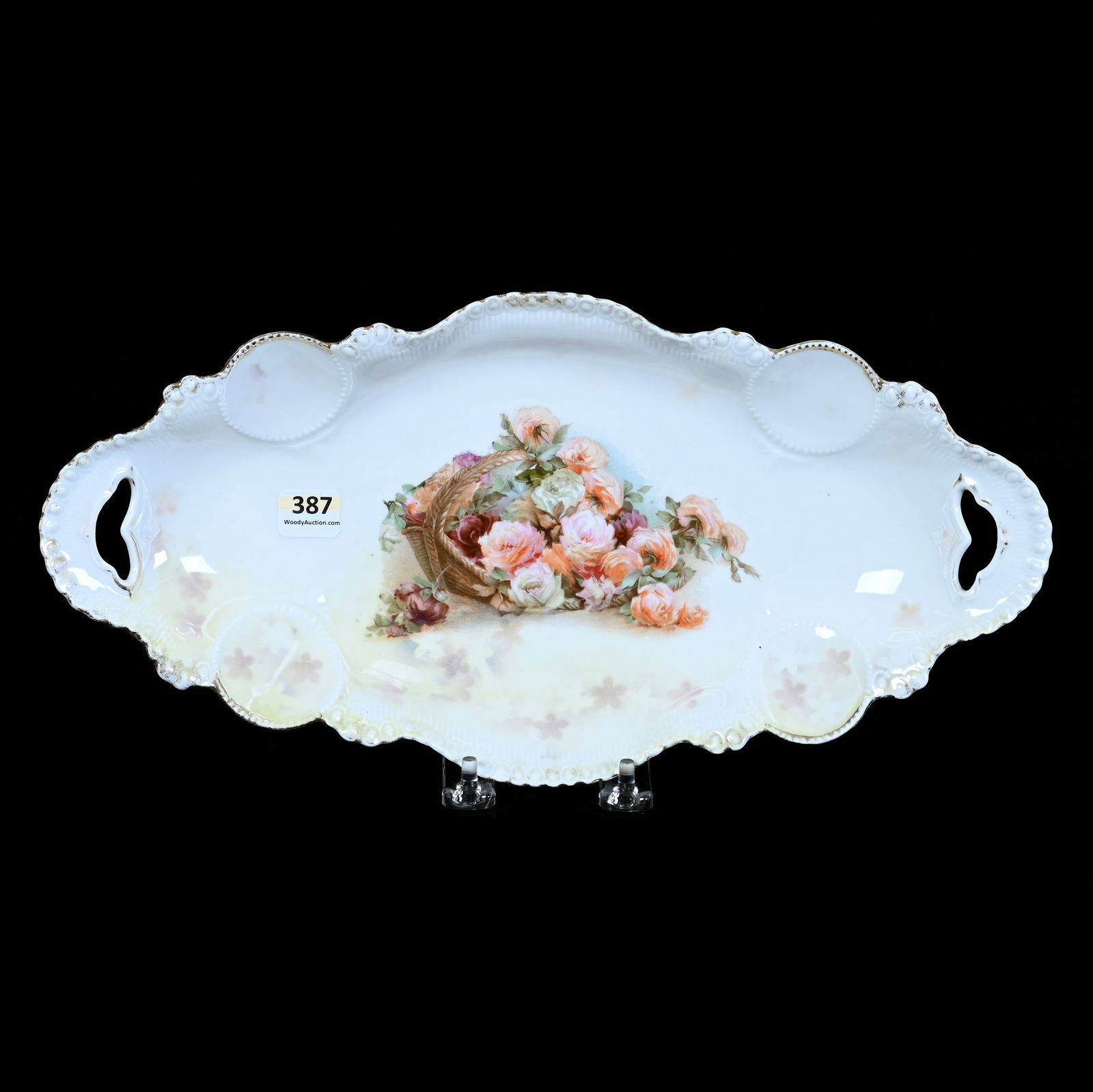 Celery Tray, Unmarked R.S. Prussia, Medallion Mold: Celery Tray, Unmarked R.S. Prussia, Medallion Mold, 14 x 7 x 1.75 Inches, White And Green Luster Finish, Spilled Basket Decor, 1 Pound, Grady And Annette Hite Collection.
