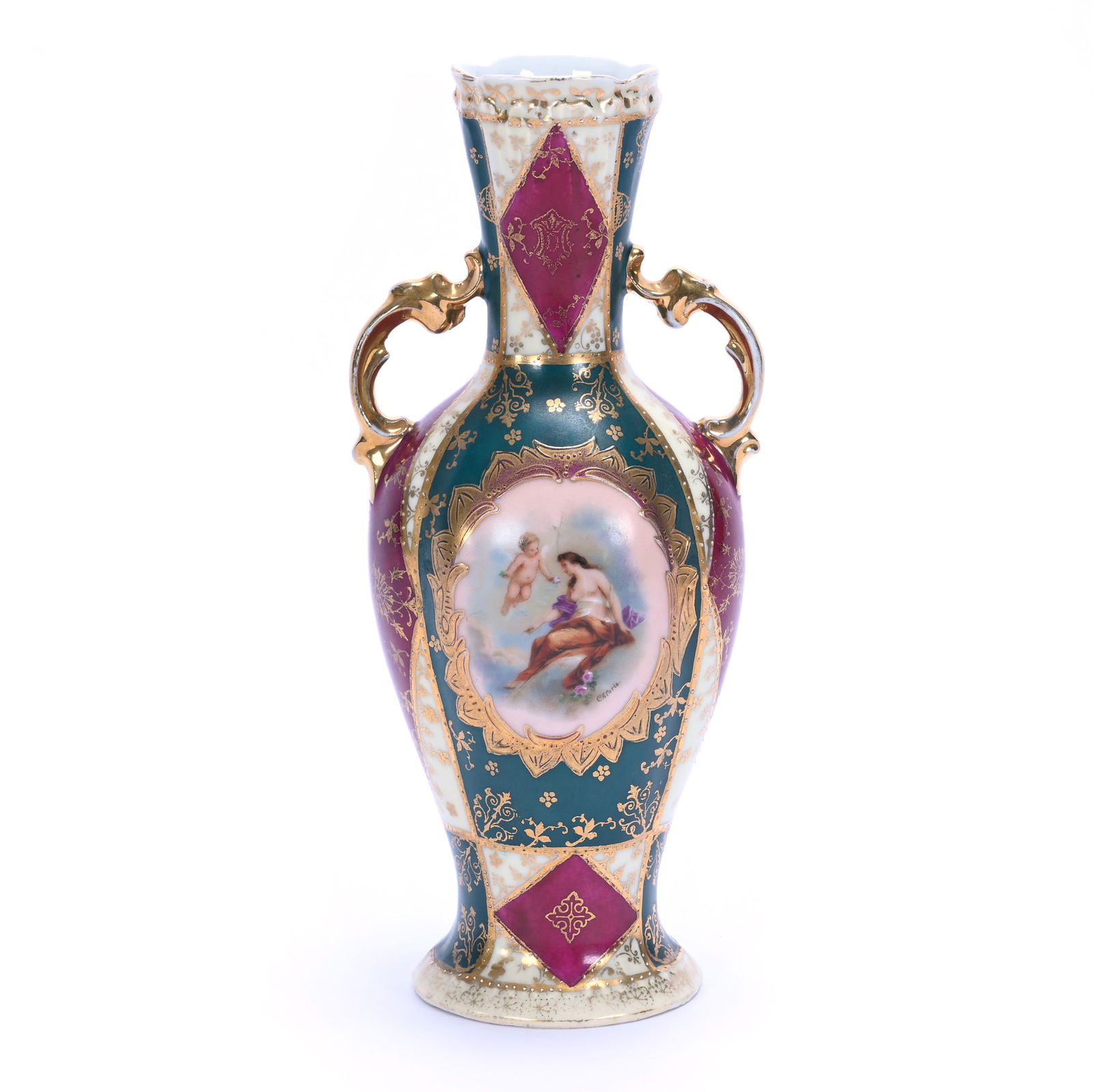 Vase, Two Handles, Marked Crown Vienna: Vase, Two Handles, Marked Crown Vienna, 9 x 4 x 3 Inches, Classic Maroon, Green And Cream Tones, Medallion Scene Featuring Woman And Cherub, Heavy Gold Stencil Highlights, 0.6 Pounds, Grady And