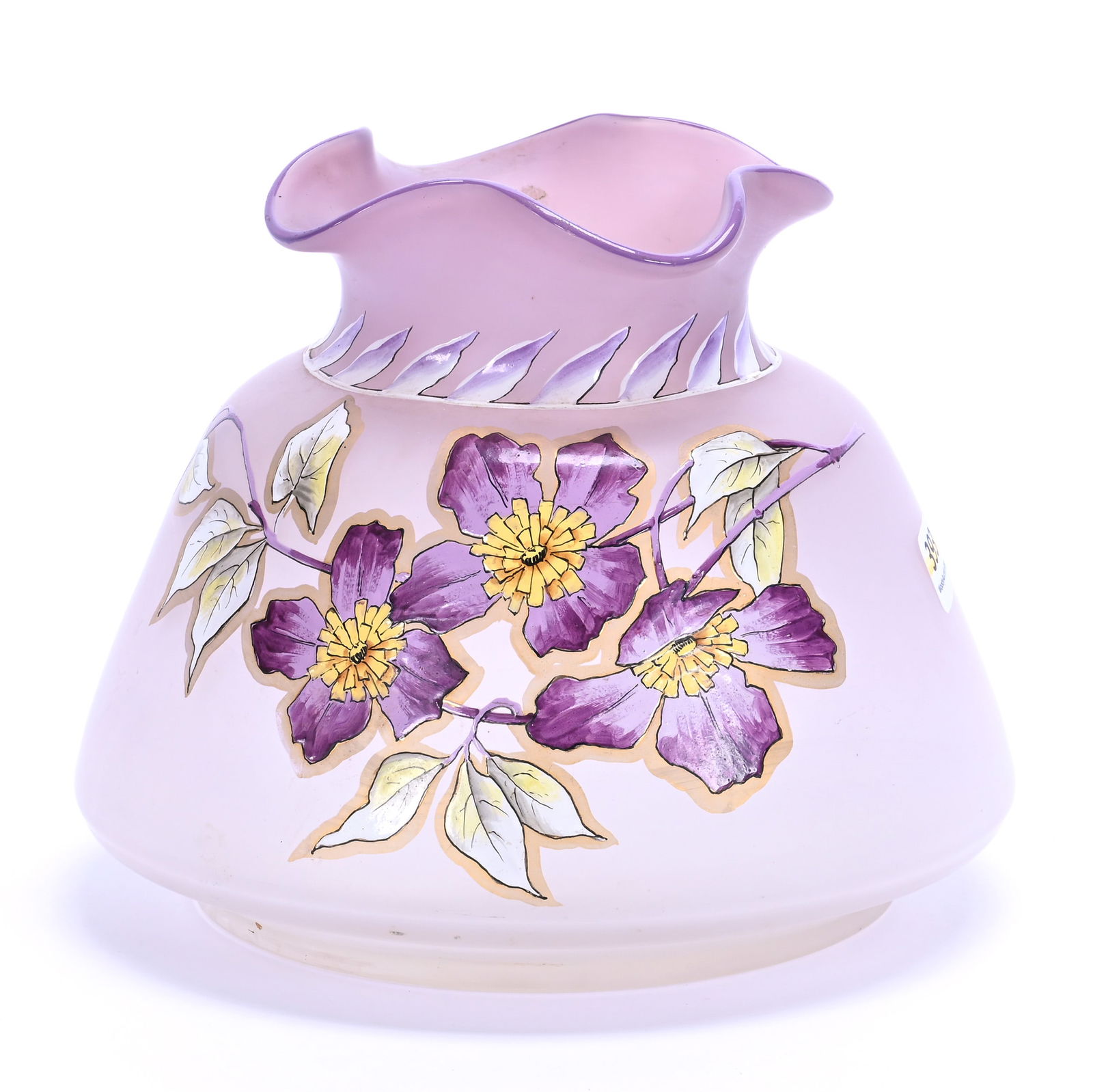 Vase, Unmarked Bohemian Art Glass: Vase, Unmarked Bohemian Art Glass, 6.5 x 8 x 8 Inches, Frosted Lavender With Heavy Enamel Floral Decor, Polished Pontil Base, Nice Quality, 2.2 Pounds, Grady And Annette Hite Collection.