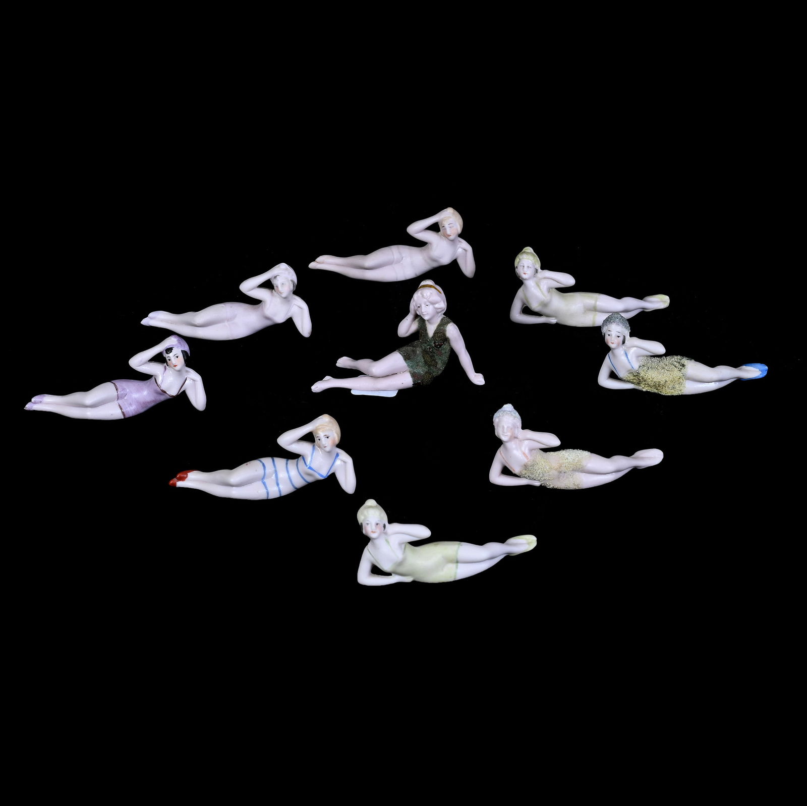 (9) Figurines, Unmarked German Bisque Bathing Beauties: (9) Figurines, Unmarked German Bisque Bathing Beauties, 1.5 x 3.25 x 0.75 Inches, Very Nice Selection, 0.4 Pounds, Grady And Annette Hite Collection.