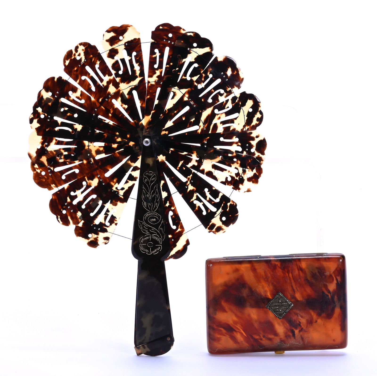(2) Items With Colored Tortoise Designs: (2) Items With Colored Tortoise Designs, (1) 10.75" x 7.5" x 1" Folding Fan, (1) 4.5" x 3" x 0.75" Cigarette Case, 0.3 Pounds, Grady And Annette Hite Collection.