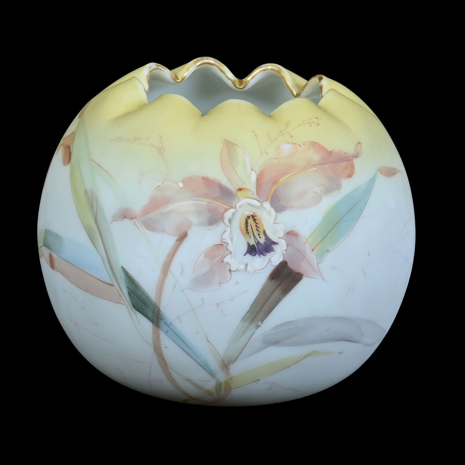Rose Bowl, Unmarked Mt. Washington Art Glass: Rose Bowl, Unmarked Mt. Washington Art Glass, 4.25 x 4.75 x 4.75 Inches, Yellow And White With Orchid Decor, 0.9 Pounds, Grady And Annette Hite Collection.