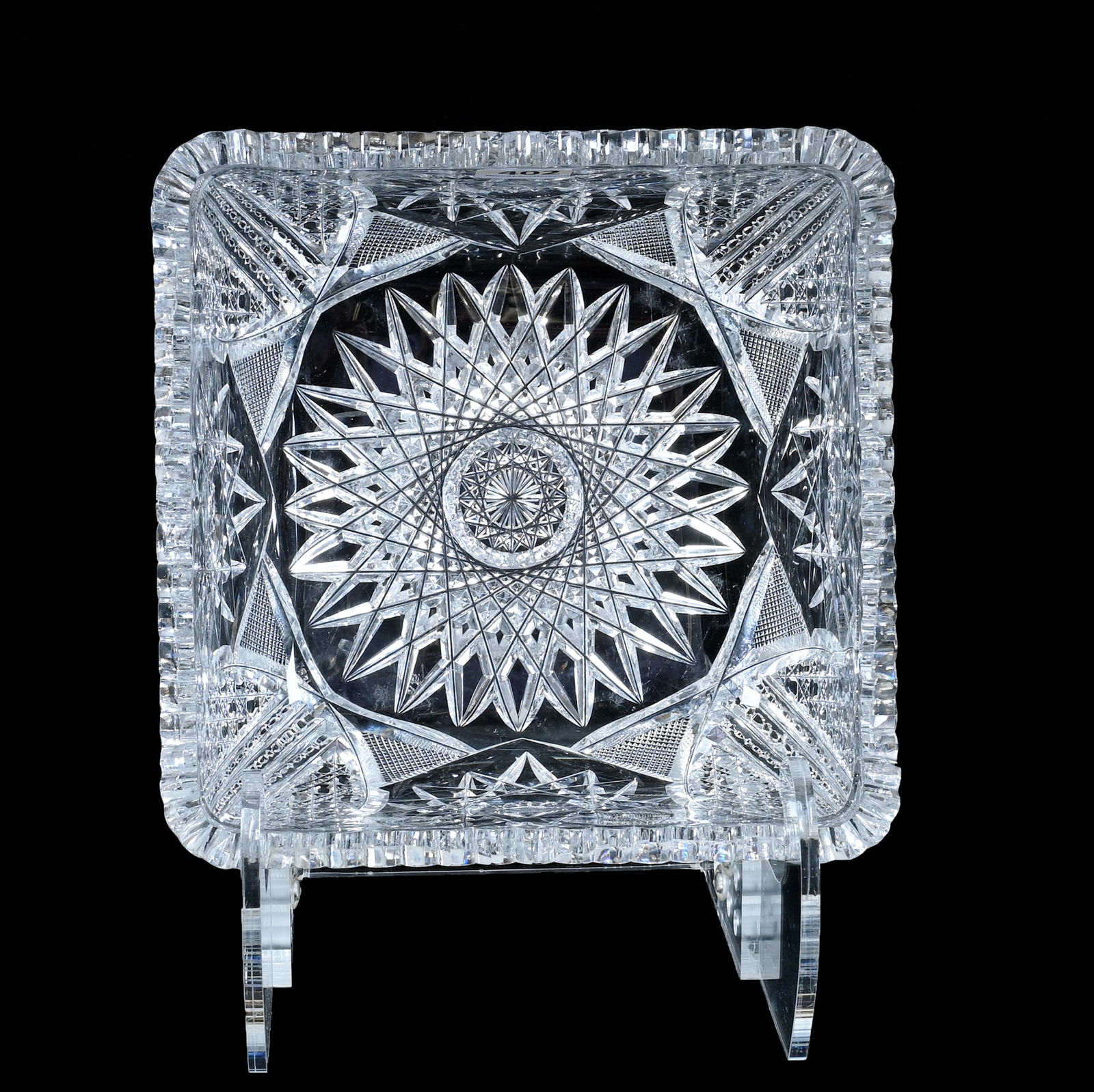 Square Bowl, American Brilliant Cut Glass, Hobstar, Vesica, Cane, Crosscutting & Prism Motif: Square Bowl, American Brilliant Cut Glass, Hobstar, Vesica, Cane, Crosscutting & Prism Motif, 3.75 x 6.75 x 6.75 Inches, 4 Pounds, Grady And Annette Hite Collection.