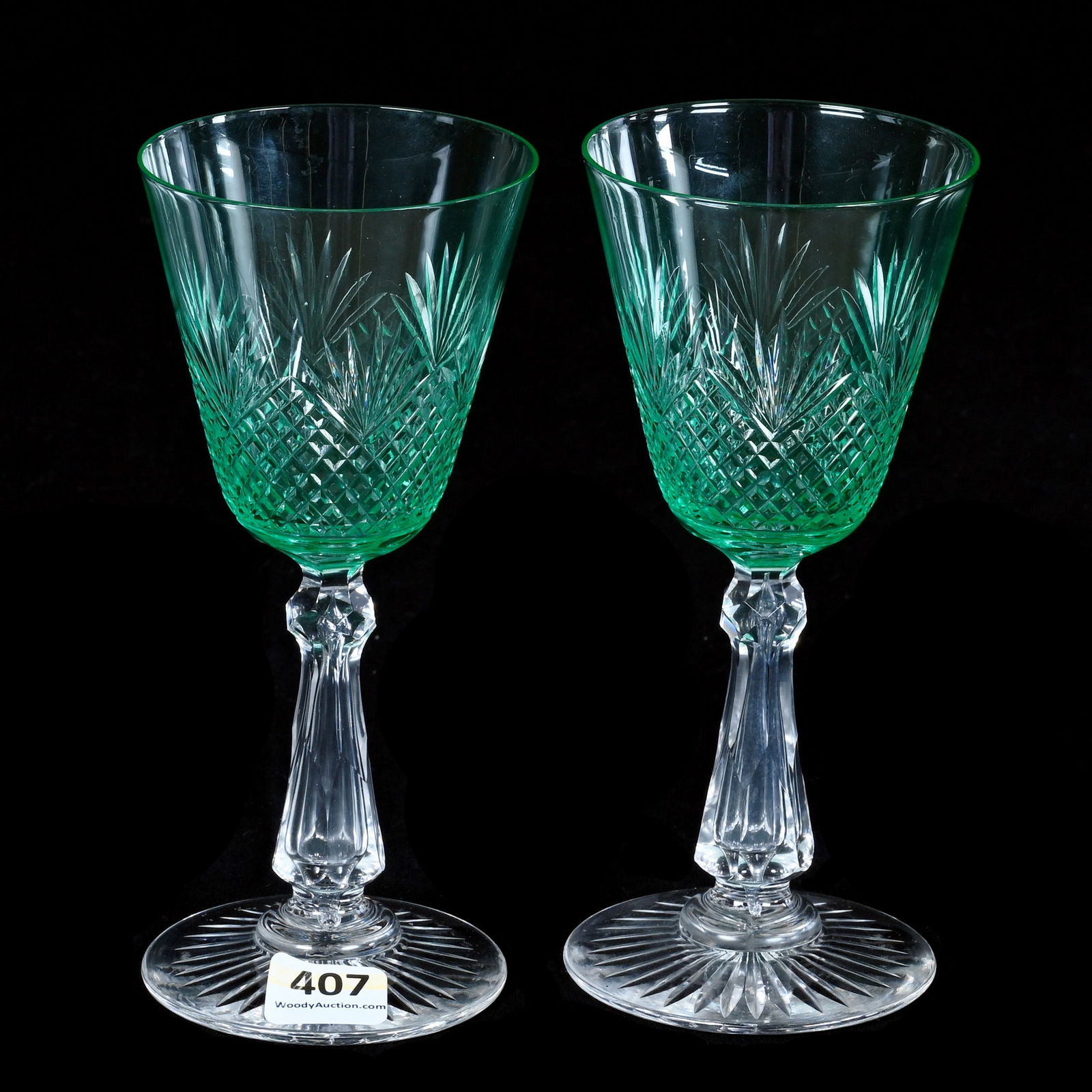 Pair Wine Stems, Brilliant Period Cut Glass: Pair Wine Stems, Brilliant Period Cut Glass, 6.25 x 2.75 x 2.75 Inches, Diamond And Fan Pattern, Solid Apple Green Bowl, Ray Cut Foot, Highly Reactive Under Black Light, 0.7 Pounds, Grady And Annette