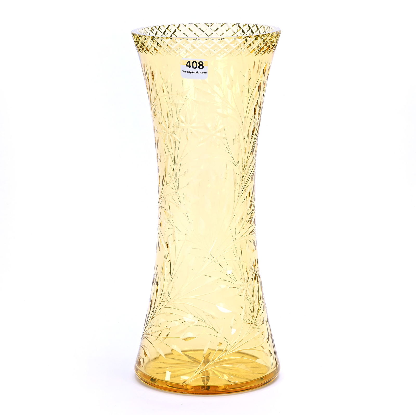 Vase, American Brilliant Cut Glass, Solid Gold Color Attributed To Union Cut Glass: Vase, American Brilliant Cut Glass, Solid Gold Color Attributed To Union Cut Glass, 11.75 x 4.75 x 4.75 Inches, Engraved Floral Decor, 3.8 Pounds, Grady And Annette Hite Collection.