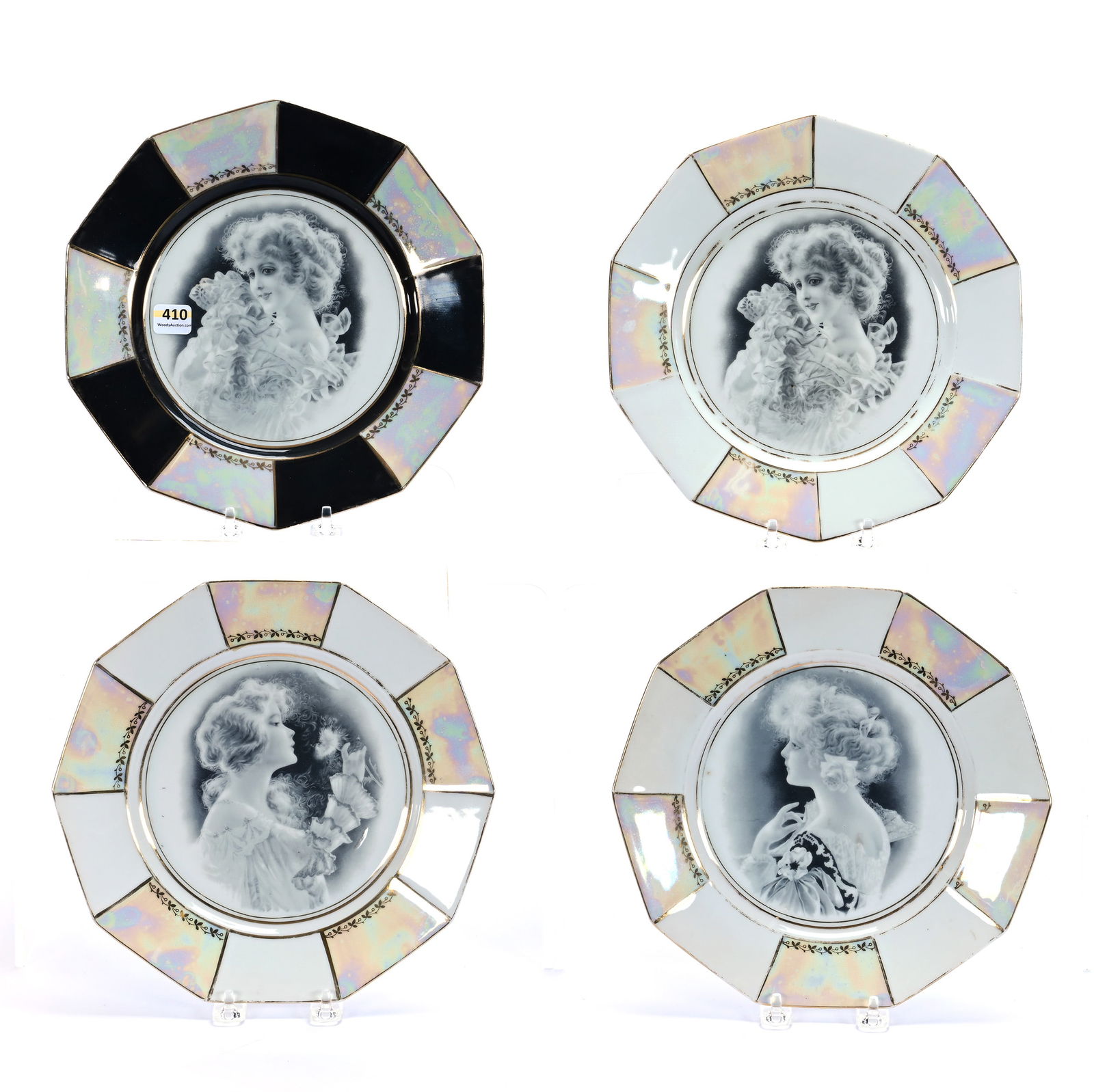 (4) Plates Marked Bavaria, Rare Black & White Monochrome Portraits: (4) Plates Marked Bavaria, Rare Black & White Monochrome Portraits, 9.5 x 9.5 x 1 Inches, Pearl Luster Panel Border, 3.9 Pounds, Grady And Annette Hite Collection.