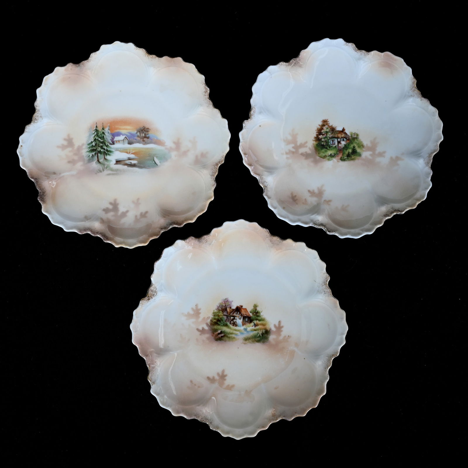 (3) Plates, Unmarked R.S. Prussia: (3) Plates, Unmarked R.S. Prussia, 6.25 x 6.25 x 0.75 Inches, Brown And White Luster Finish Featuring Snowbird, Mill Scene And Cottage Scene Decor, 0.8 Pounds, Grady And Annette Hite Collection.