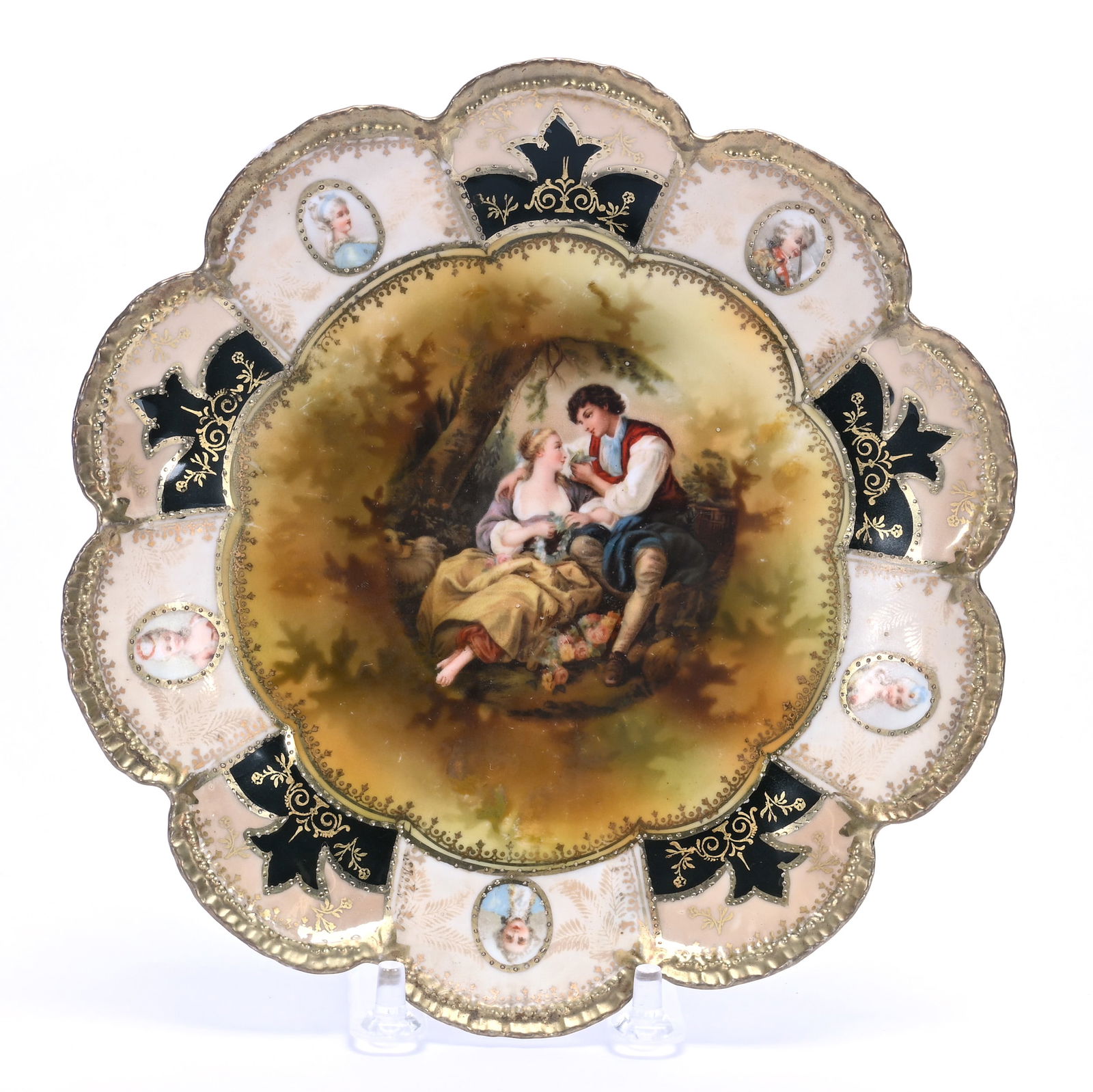 Plate Marked R.S. Prussia: Plate Marked R.S. Prussia, 7.5 x 7.5 x 1 Inches, "The Cage" By Boucher, Cream And Black Border, Renaissance Medallion Highlights, 0.4 Pounds, Grady And Annette Hite Collection.