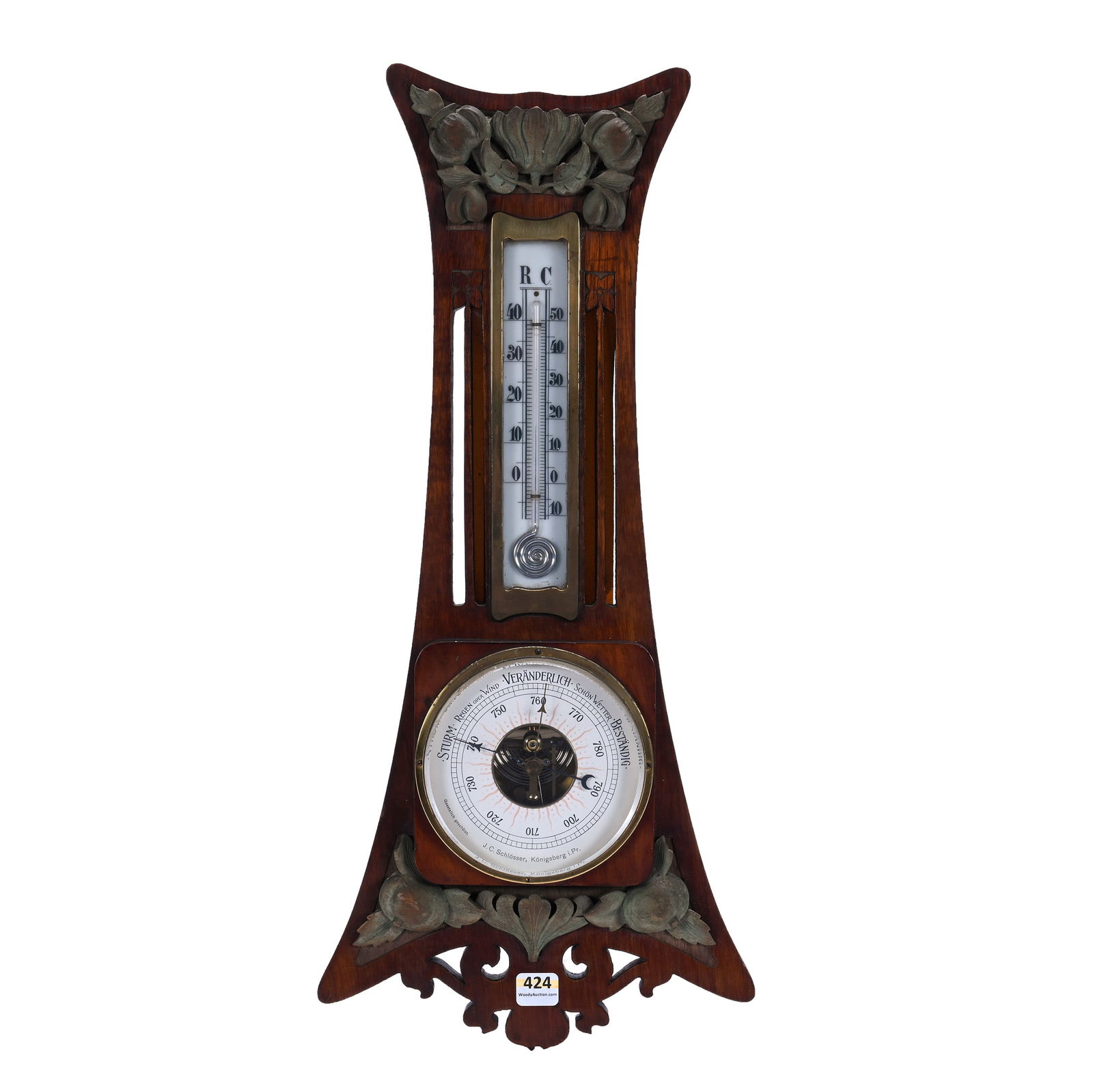 Art Nouveau Barometer: Art Nouveau Barometer, 20.5 x 9 x 2 Inches, German, Produced By J. C. Schlosser, Wood With Carved Fruit And Floral Design, 2.7 Pounds, Grady And Annette Hite Collection.