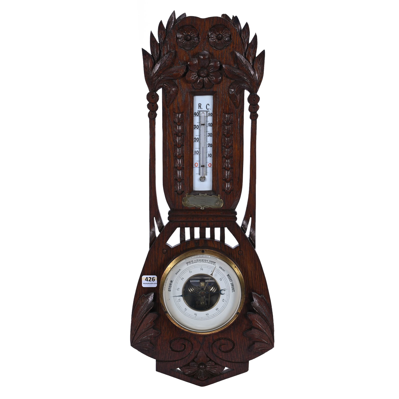 Art Nouveau Dutch Barometer: Art Nouveau Dutch Barometer, 21.5 x 8.5 x 2 Inches, Oak With Carved Floral And Leaf Design, Metal Badge Dated 1912, 2.7 Pounds, Grady And Annette Hite Collection.
