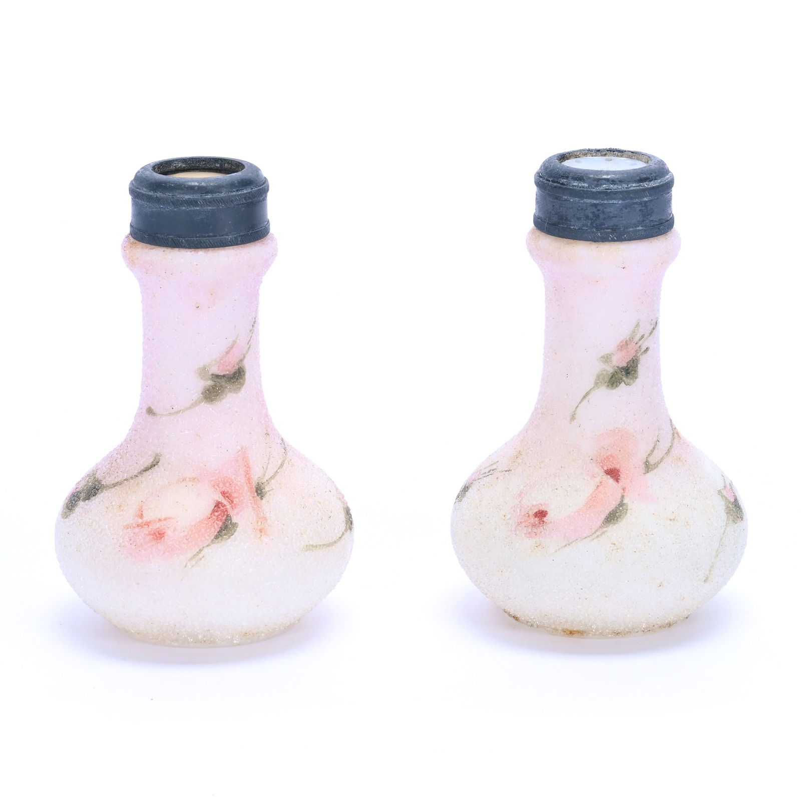 Salt And Pepper Shakers, Signed Belle Ware: Salt And Pepper Shakers, Signed Belle Ware, 3.75 x 2.75 x 2.75 Inches, Pink And White With Pink Rose Decor, Coralene Overlay, 0.4 Pounds, Grady And Annette Hite Collection.