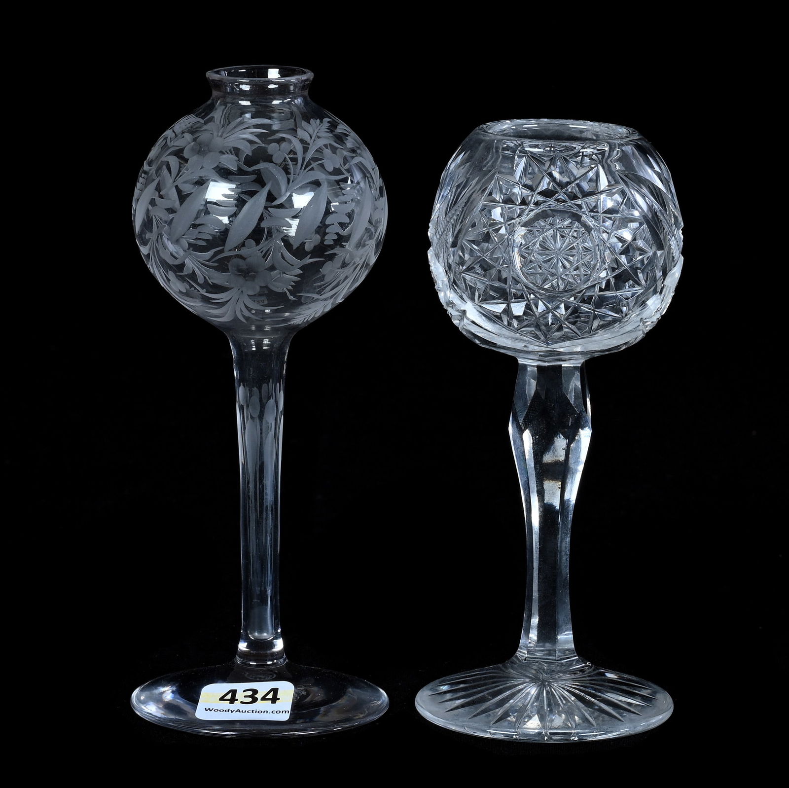 (2) Pedestal Violet Globes, American Brilliant Cut Glass: (2) Pedestal Violet Globes, American Brilliant Cut Glass, (1) 6" x 2.5" Signed Libbey, Engraved Floral Design, Hollow Stem, (1) 5.5" x 2.5" Hobstar And Fan Motif, Ray Cut Foot, 0.7 Pounds, Grady And
