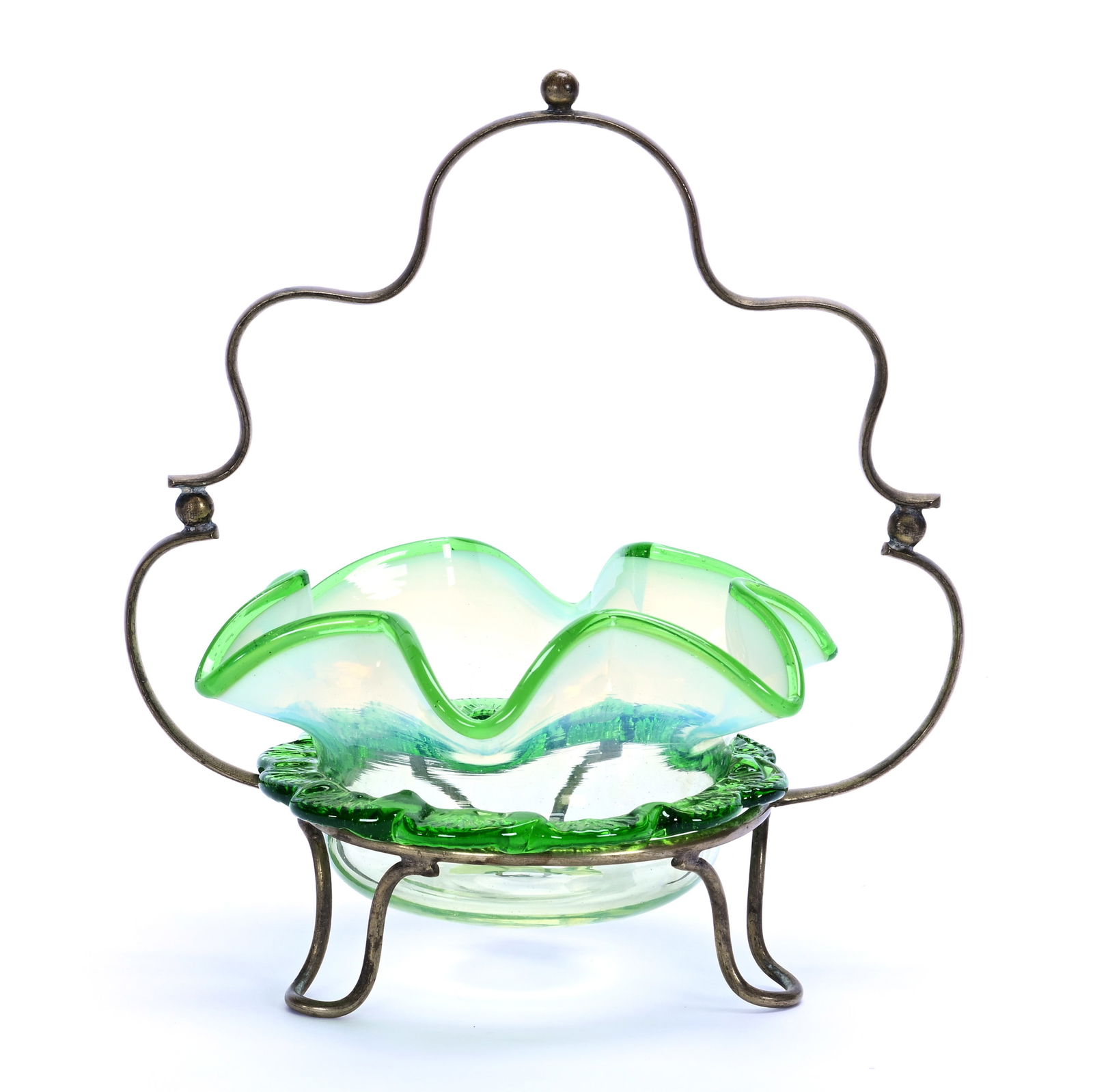 Sweet Meat: Sweet Meat, 7.25 x 6.75 x 4.75 Inches, Green Opalescent Art Glass With Applied Rigaree Set On Silverplate Frame, 0.7 Pounds, Grady And Annette Hite Collection.