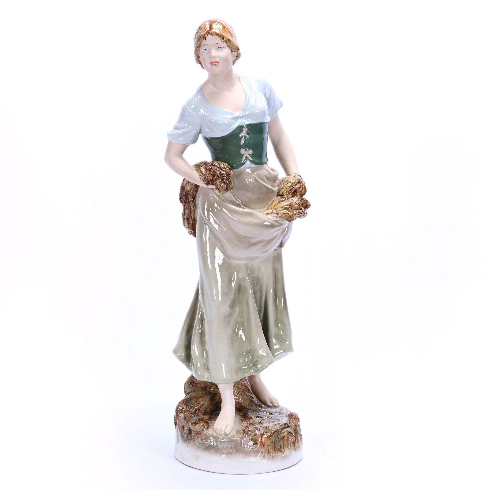 Figurine, Marked Royal Dux, (Pink Triangle Mark): Figurine, Marked Royal Dux, (Pink Triangle Mark), 21.75 x 6.75 x 6.75 Inches, Woman Harvesting Grain With Apron, 6.4 Pounds, Grady And Annette Hite Collection.